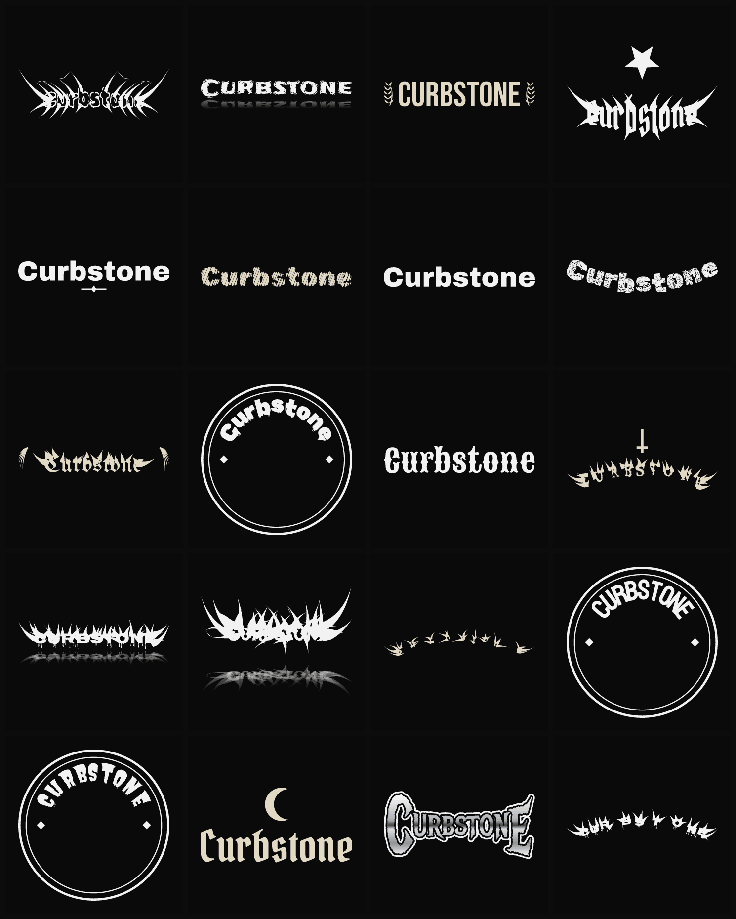 Twenty Curbstone band logo ideas — different faces, treatments and spike settings