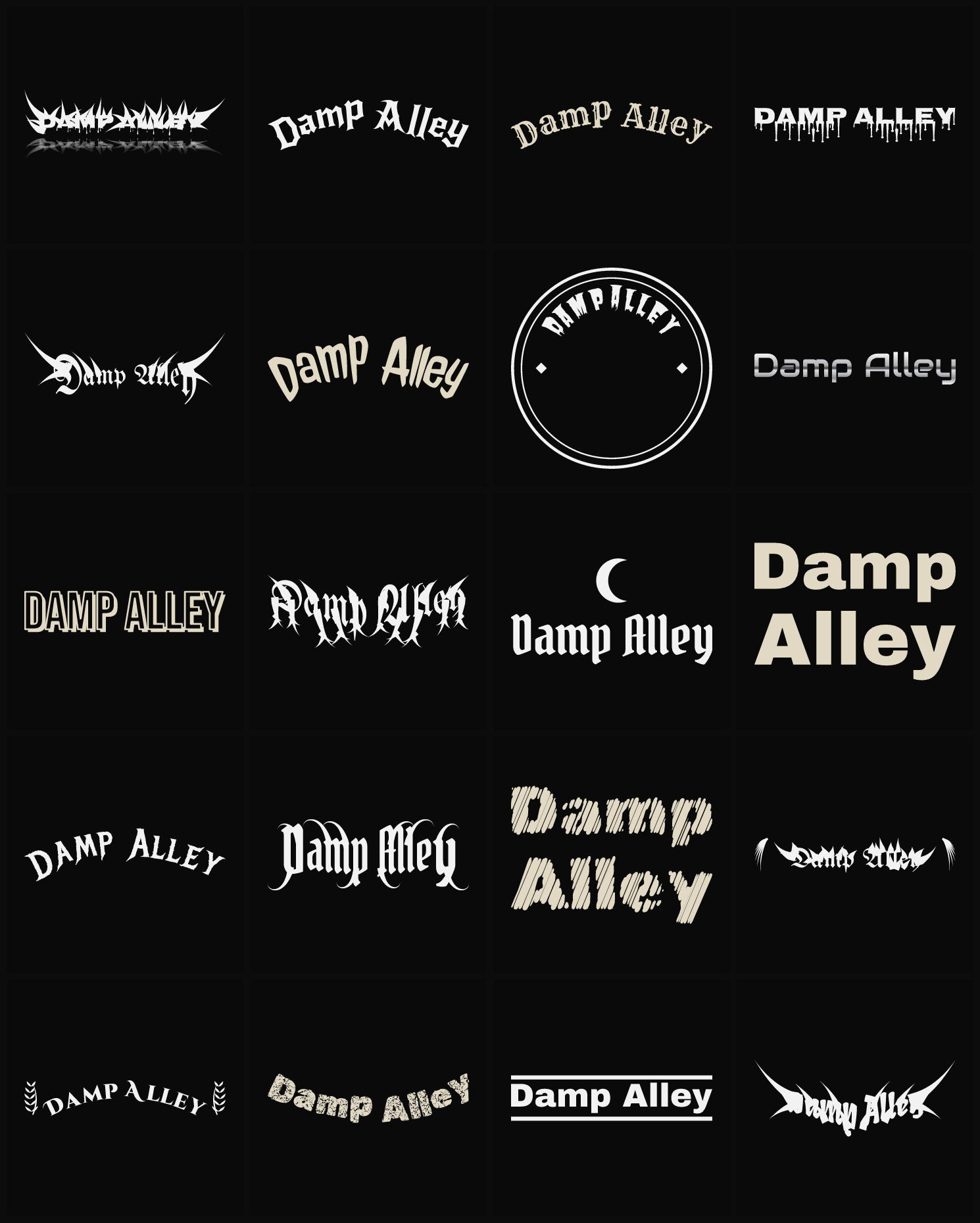 Twenty Damp Alley band logo ideas — different faces, treatments and spike settings