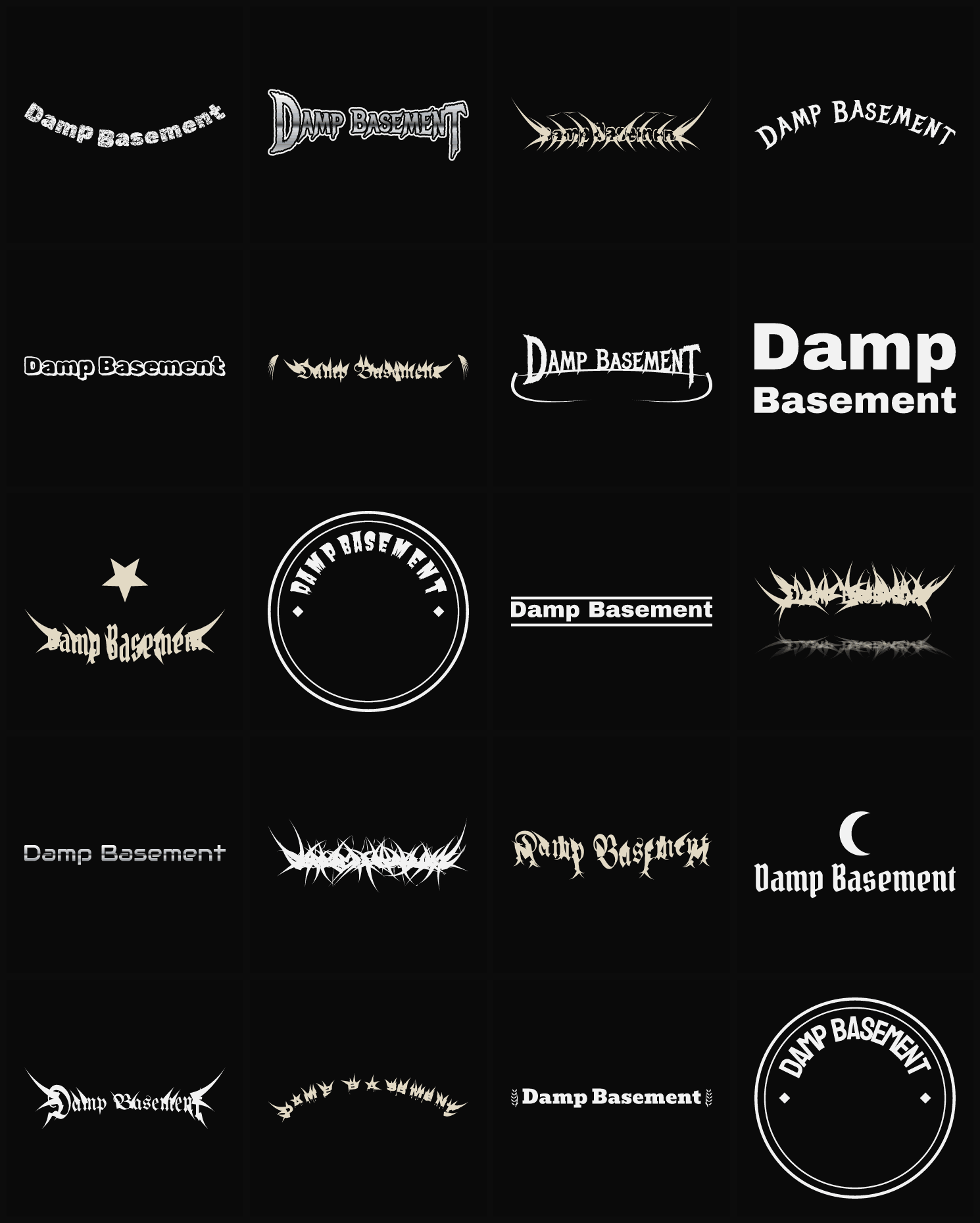 Twenty Damp Basement band logo ideas — different faces, treatments and spike settings