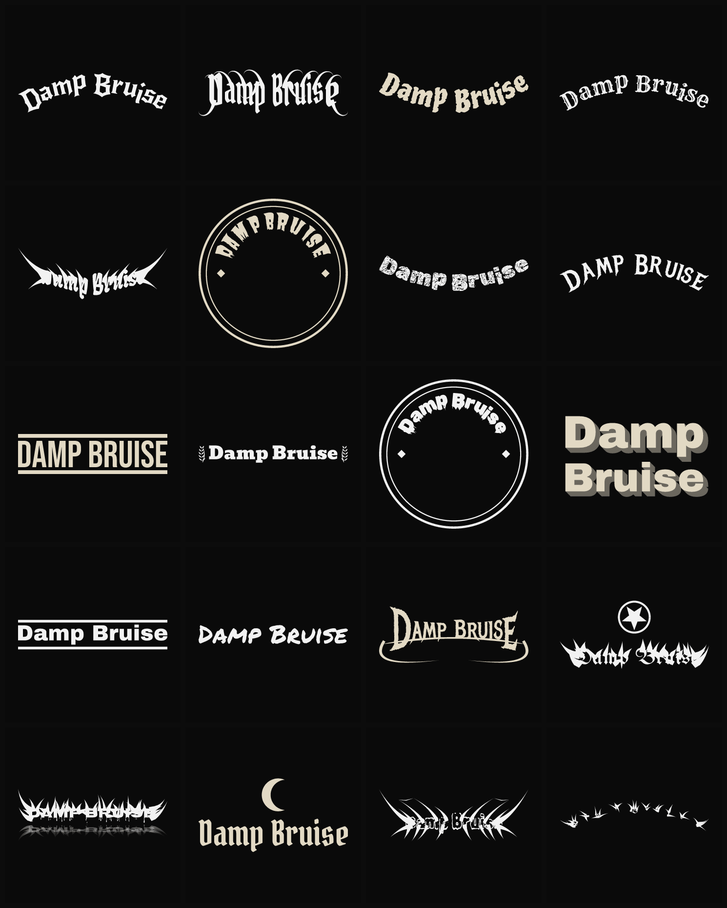Twenty Damp Bruise band logo ideas — different faces, treatments and spike settings