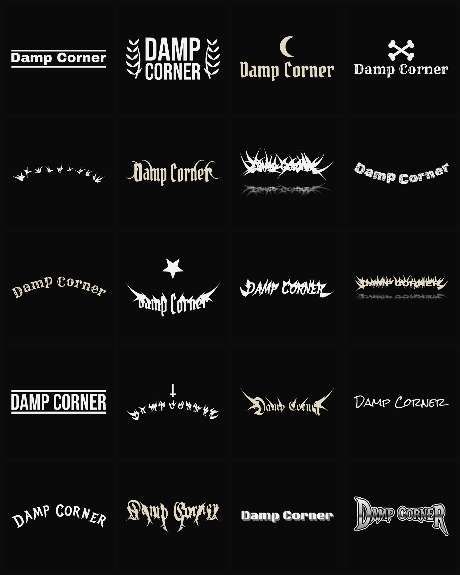 Twenty Damp Corner band logo ideas — different faces, treatments and spike settings