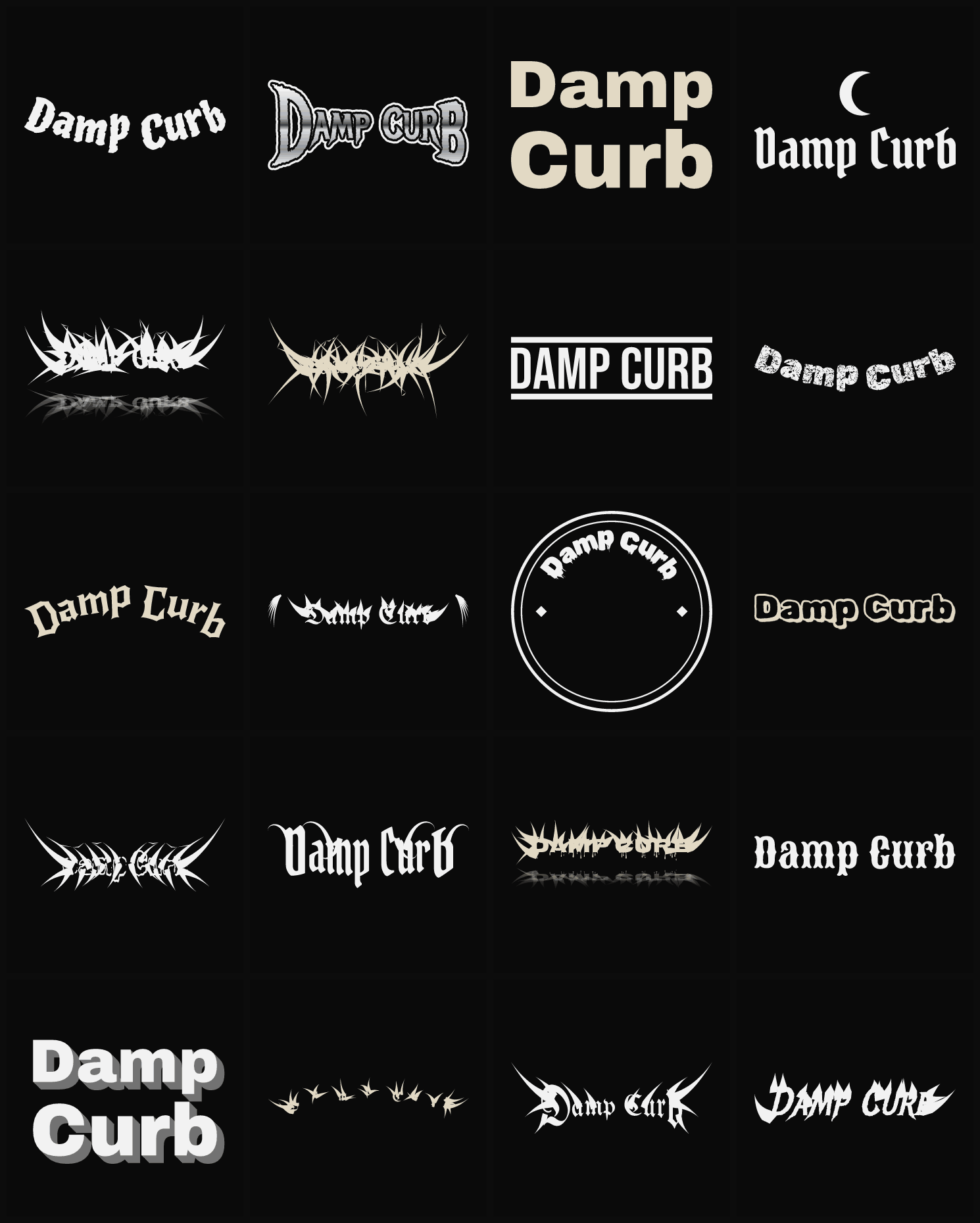 Twenty Damp Curb band logo ideas — different faces, treatments and spike settings