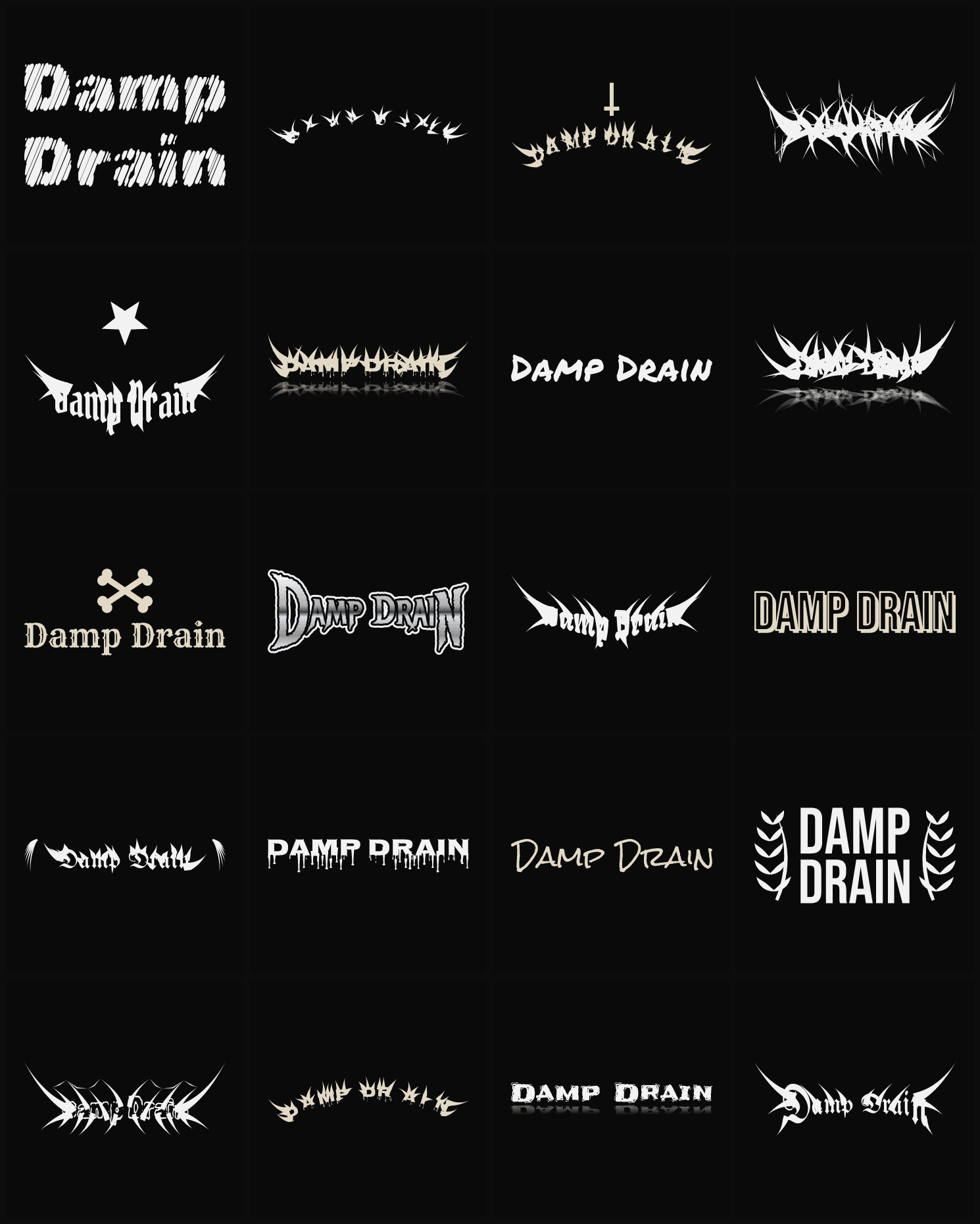 Twenty Damp Drain band logo ideas — different faces, treatments and spike settings