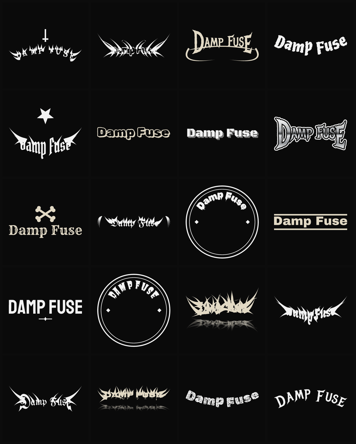 Twenty Damp Fuse band logo ideas — different faces, treatments and spike settings