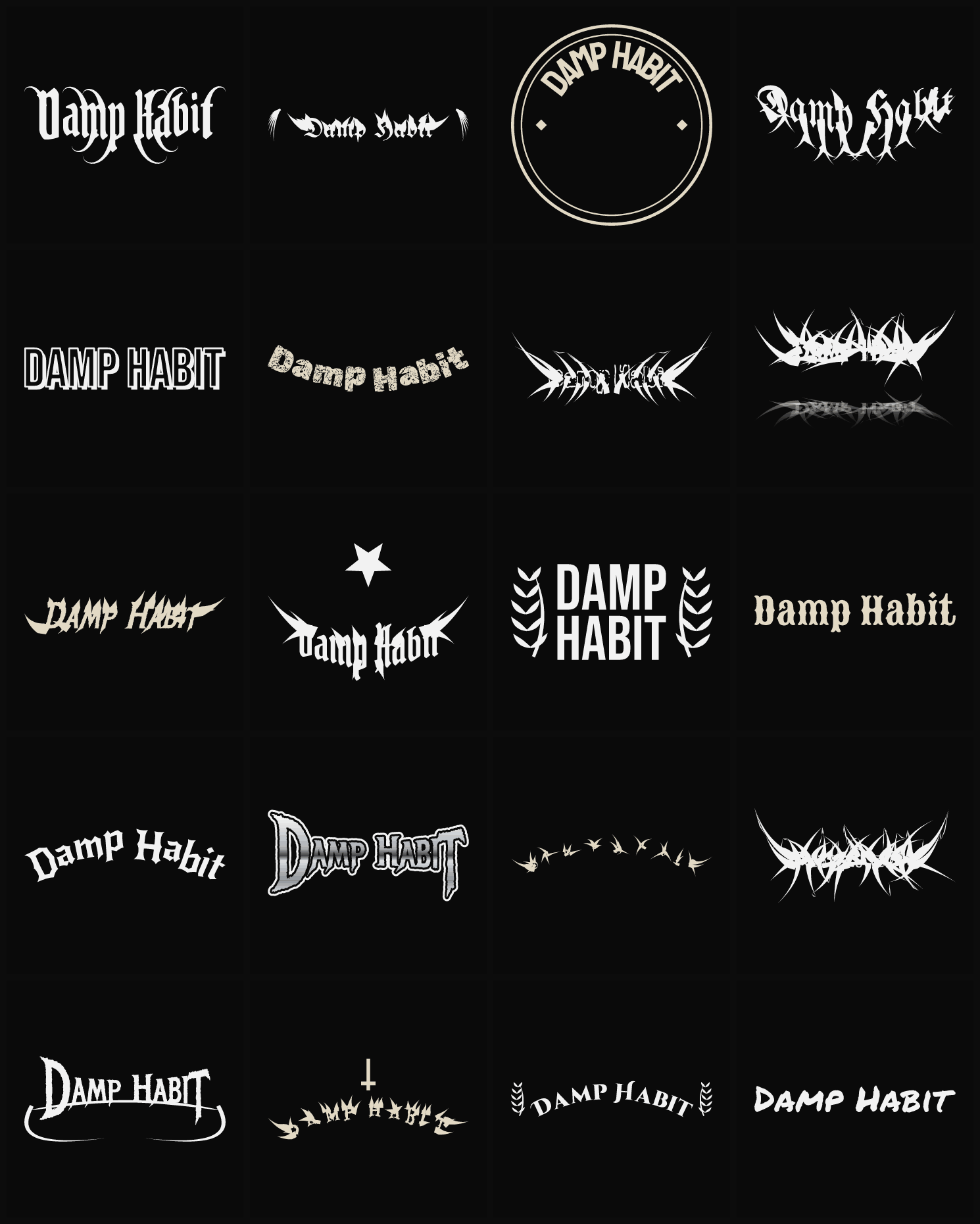 Twenty Damp Habit band logo ideas — different faces, treatments and spike settings