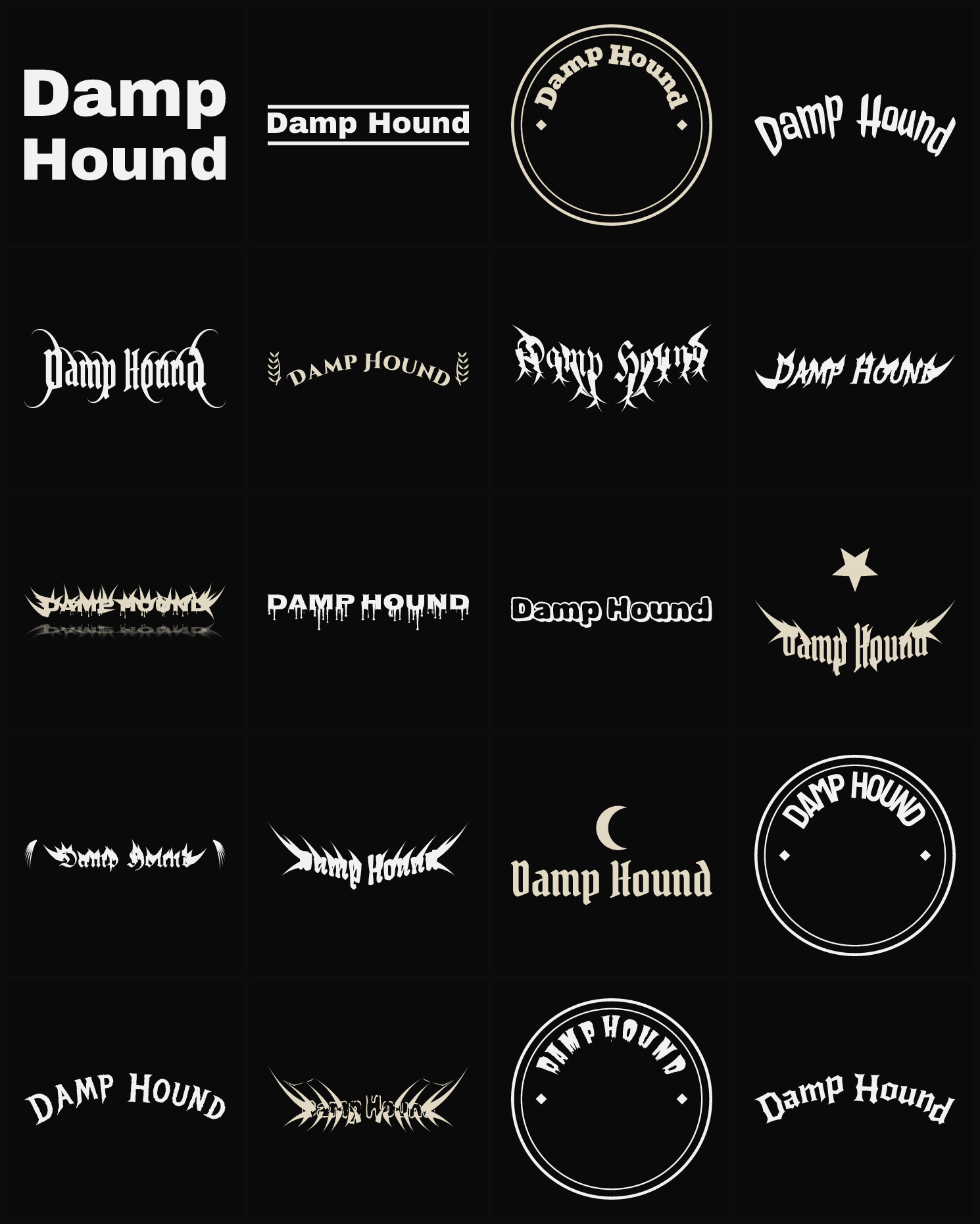 Twenty Damp Hound band logo ideas — different faces, treatments and spike settings