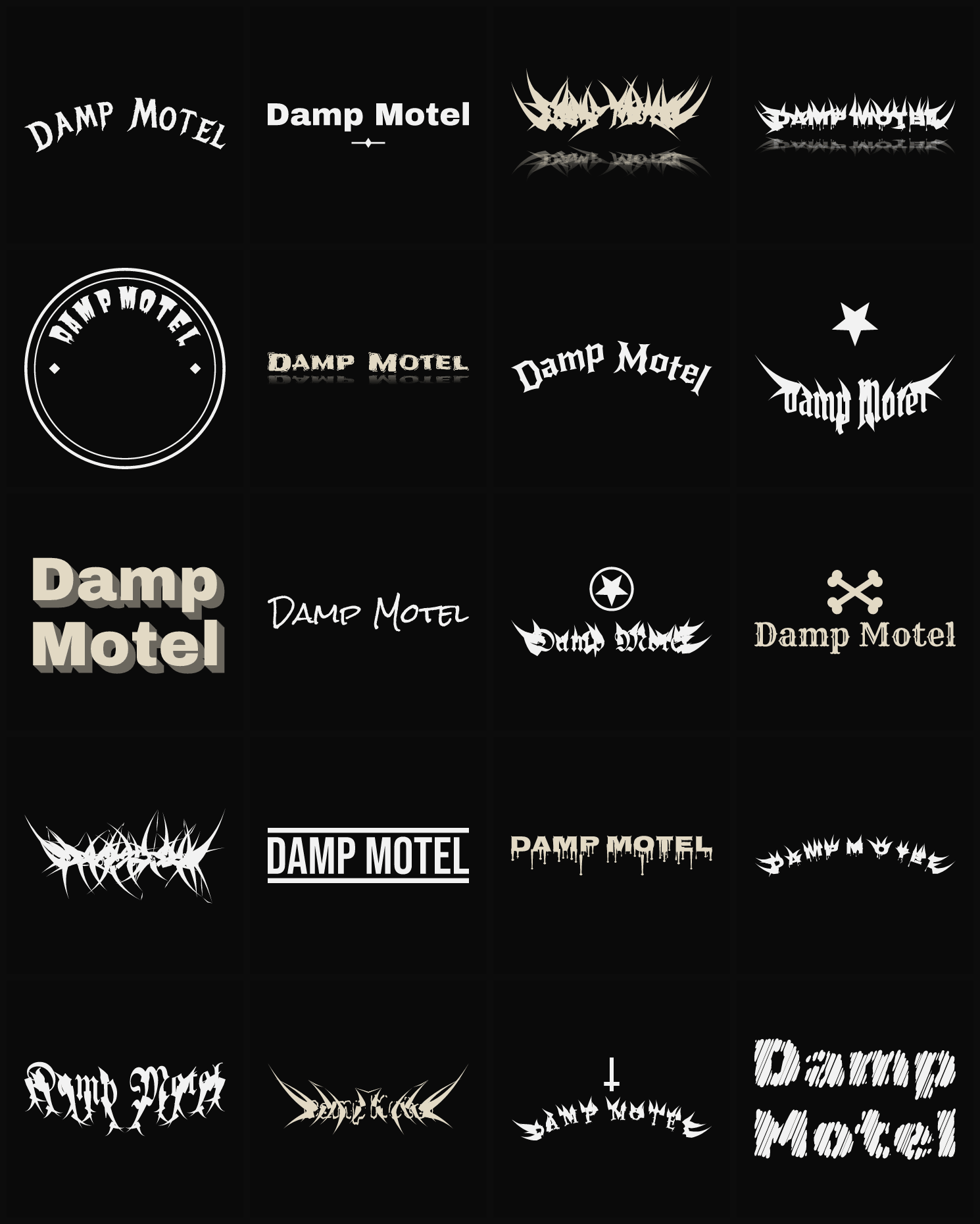 Twenty Damp Motel band logo ideas — different faces, treatments and spike settings