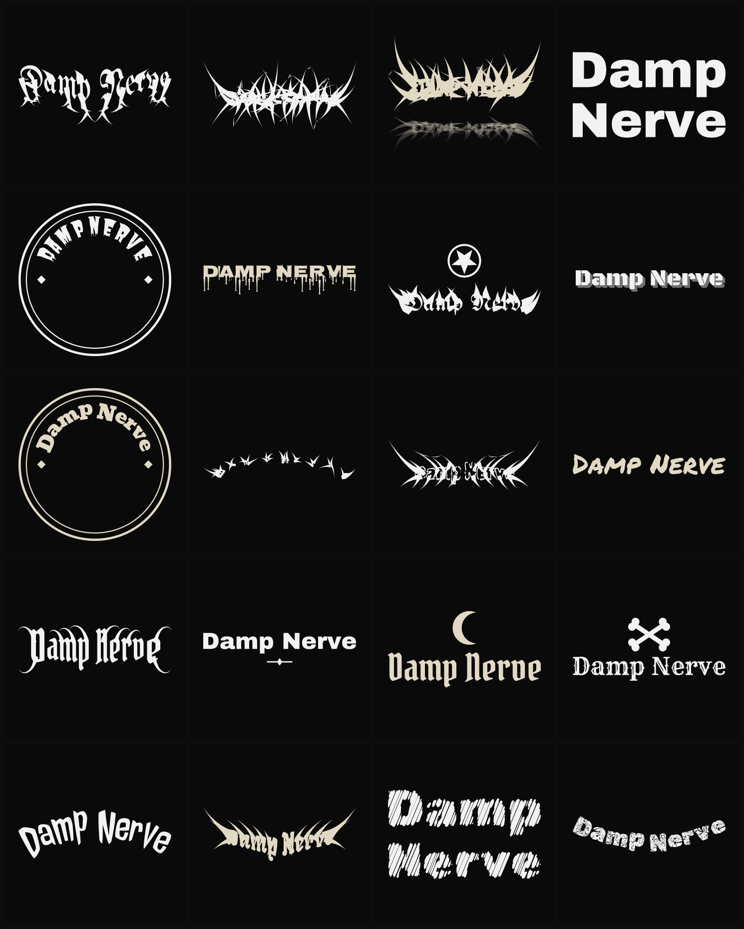 Twenty Damp Nerve band logo ideas — different faces, treatments and spike settings