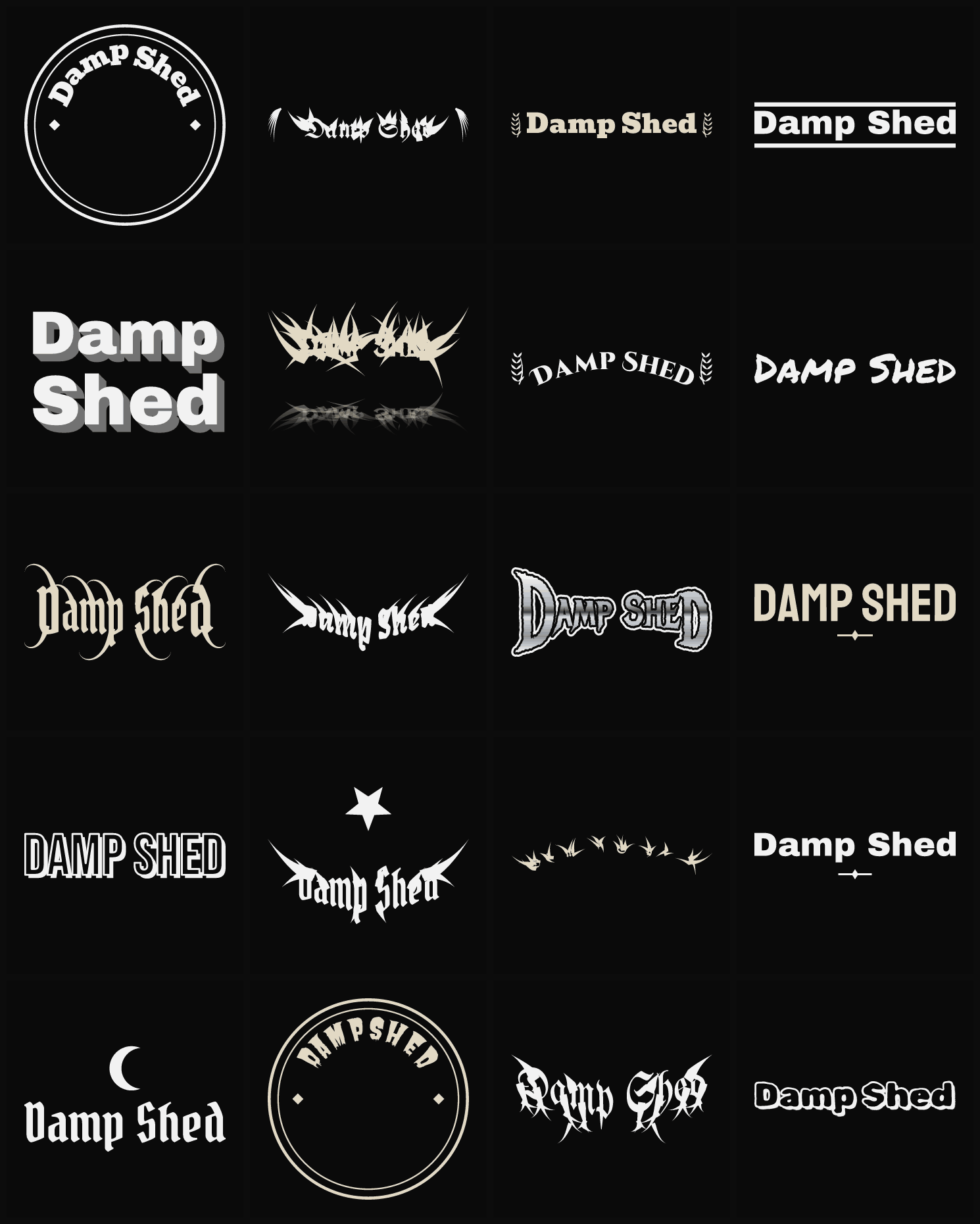 Twenty Damp Shed band logo ideas — different faces, treatments and spike settings