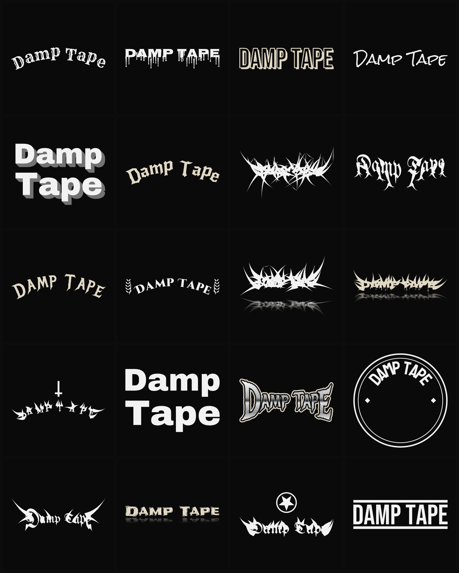 Twenty Damp Tape band logo ideas — different faces, treatments and spike settings