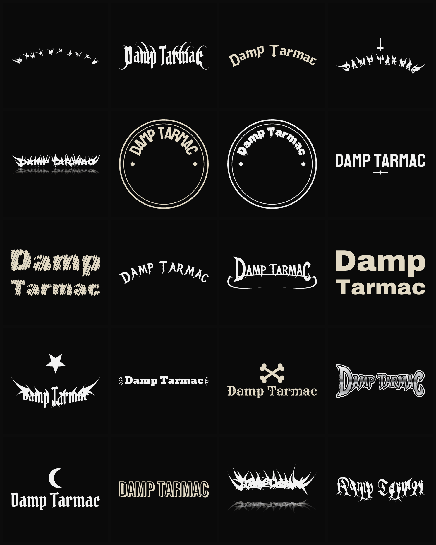 Twenty Damp Tarmac band logo ideas — different faces, treatments and spike settings
