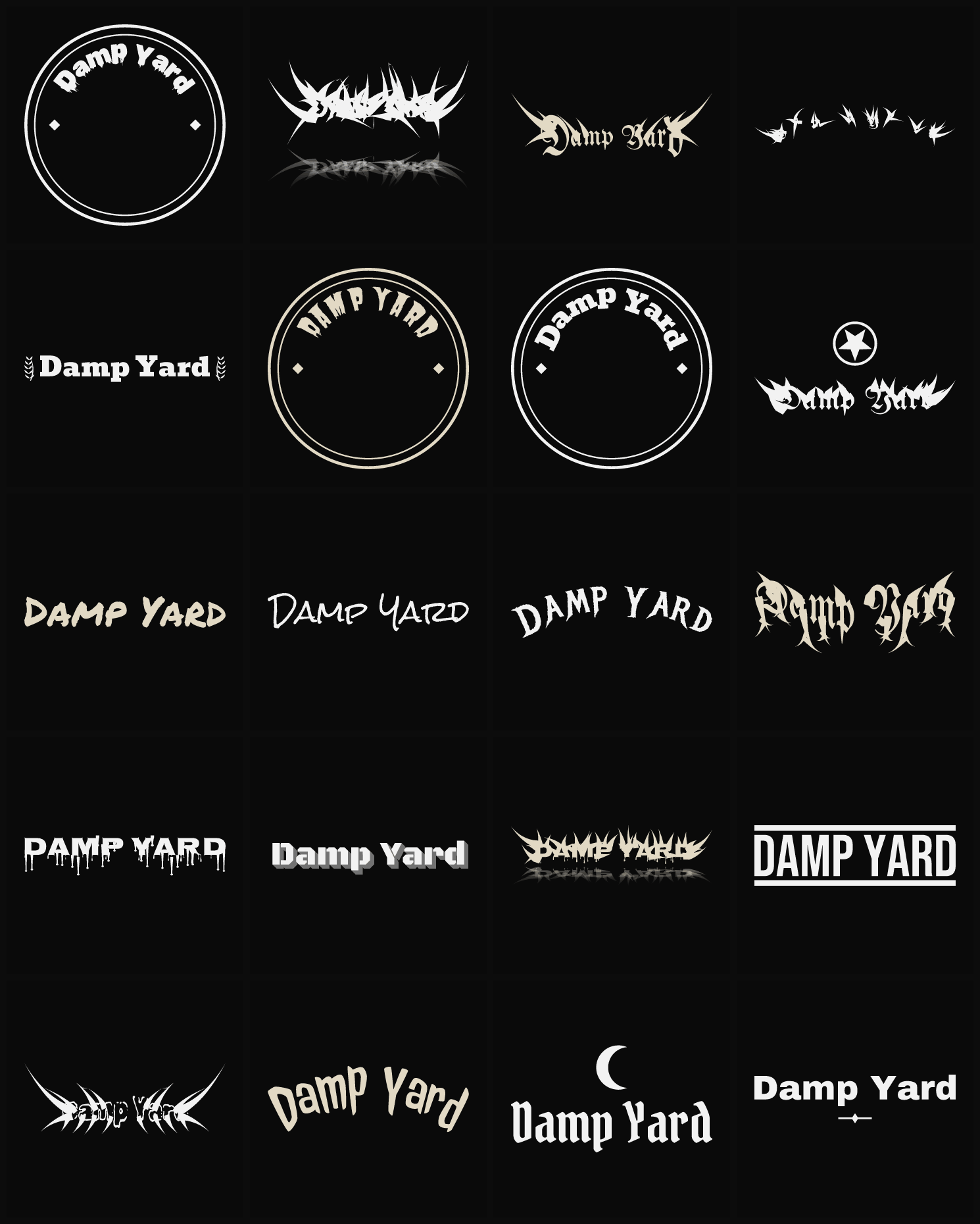 Twenty Damp Yard band logo ideas — different faces, treatments and spike settings