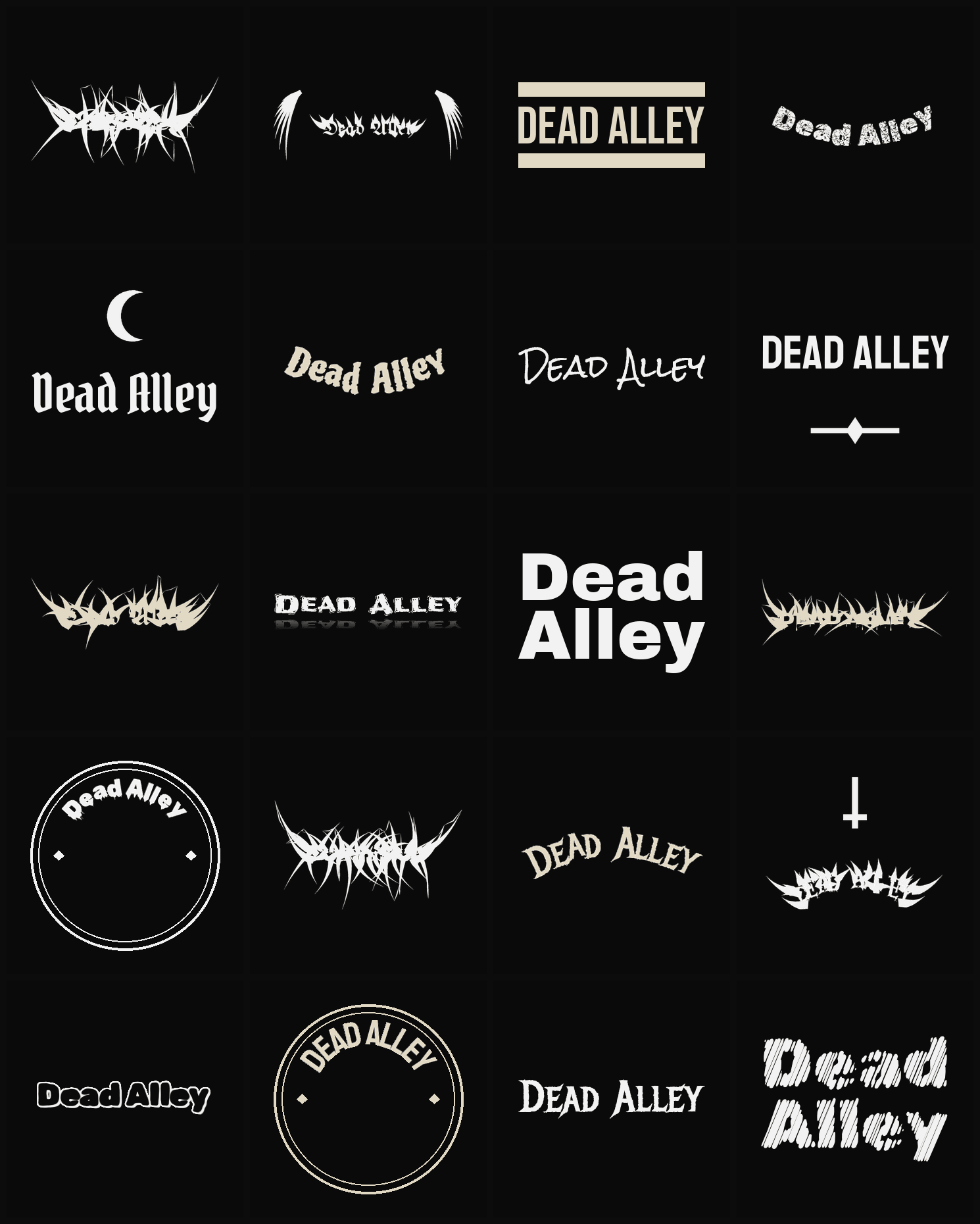 Twenty Dead Alley band logo ideas — different faces, treatments and spike settings