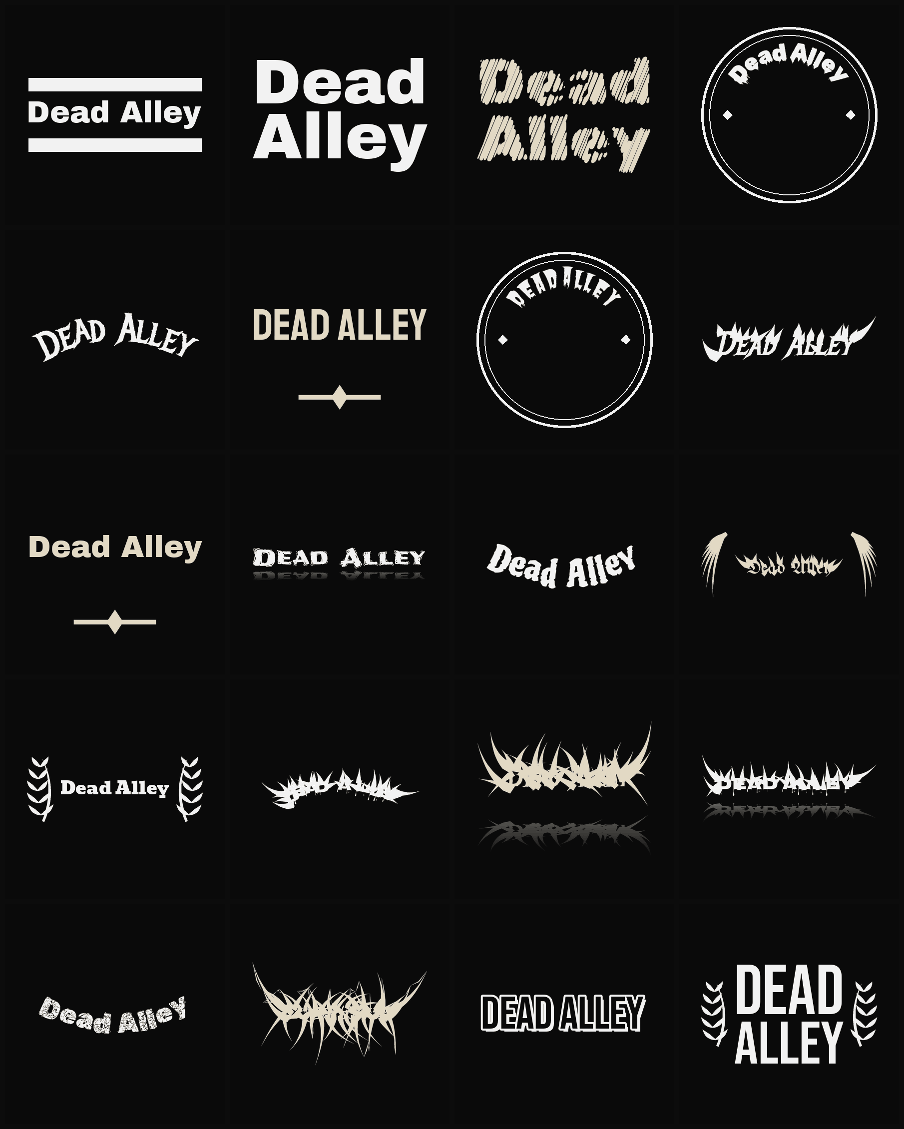 Twenty Dead Alley band logo ideas — different faces, treatments and spike settings