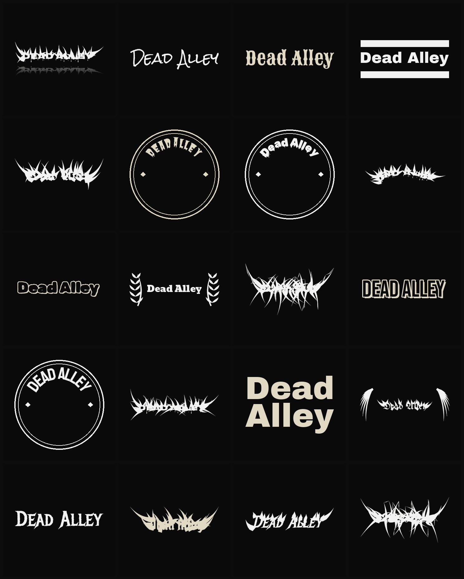 Twenty Dead Alley band logo ideas — different faces, treatments and spike settings