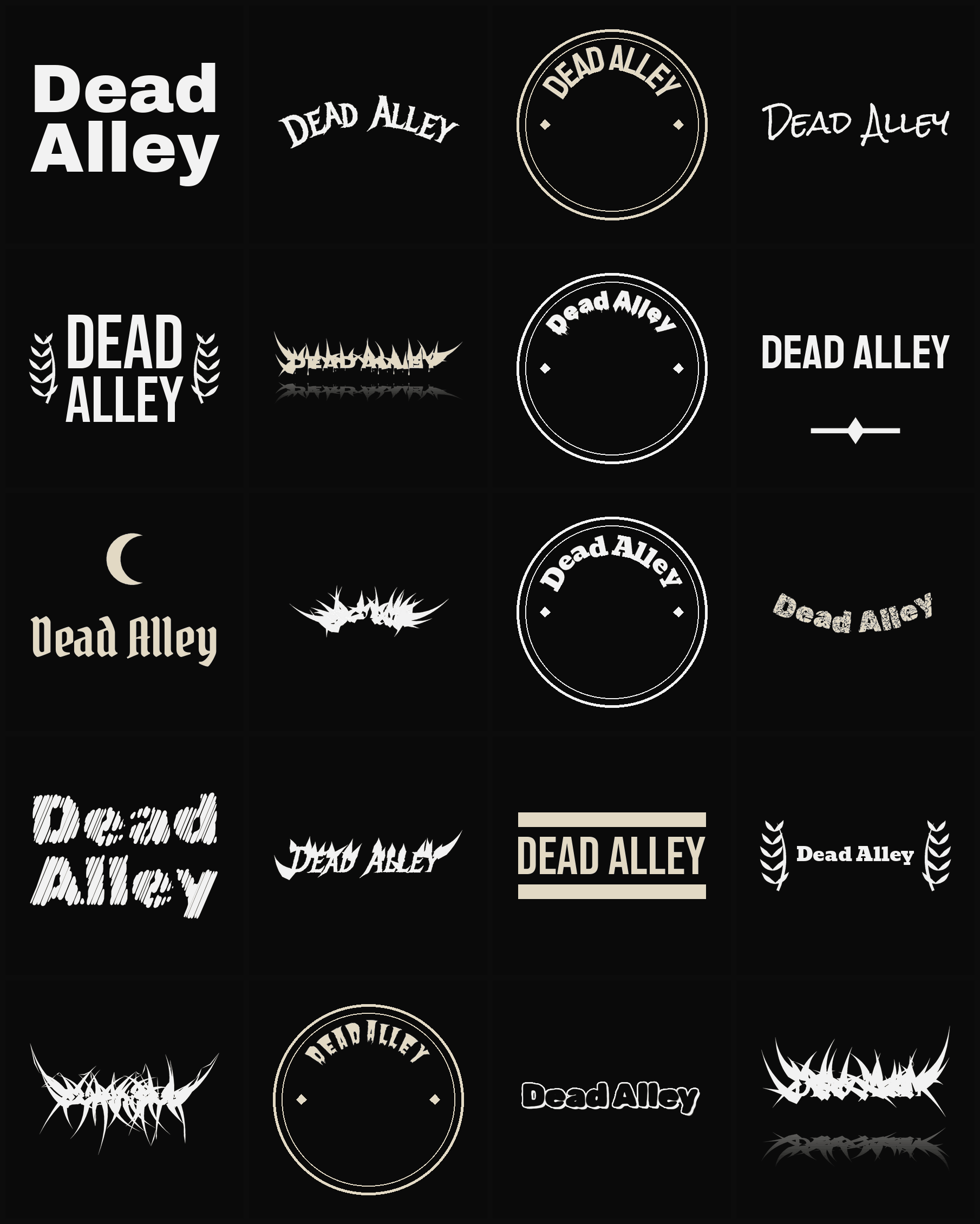 Twenty Dead Alley band logo ideas — different faces, treatments and spike settings