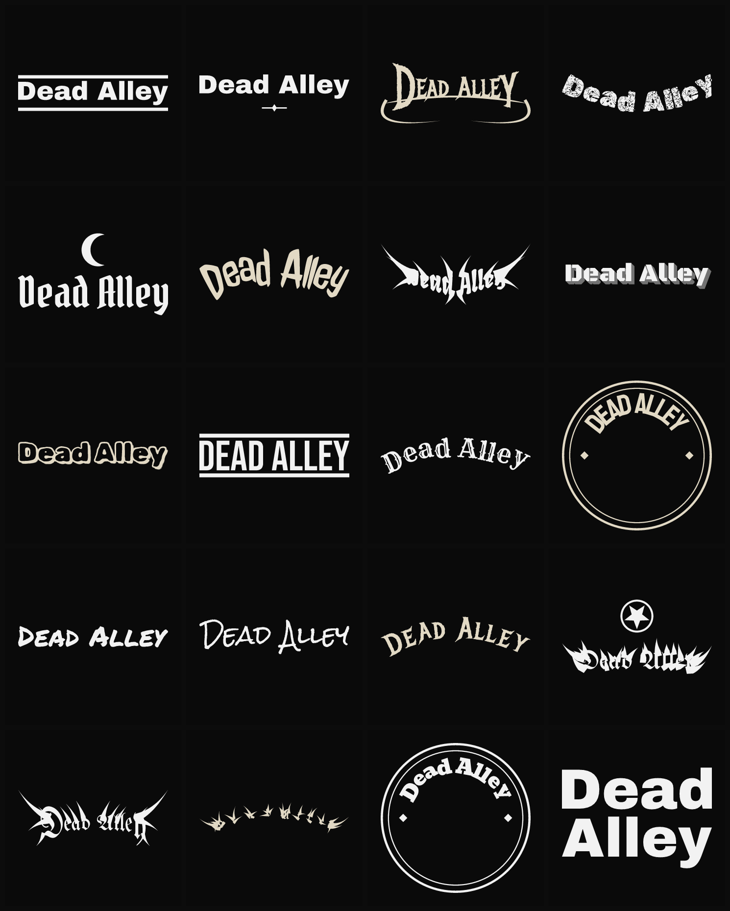 Twenty Dead Alley band logo ideas — different faces, treatments and spike settings