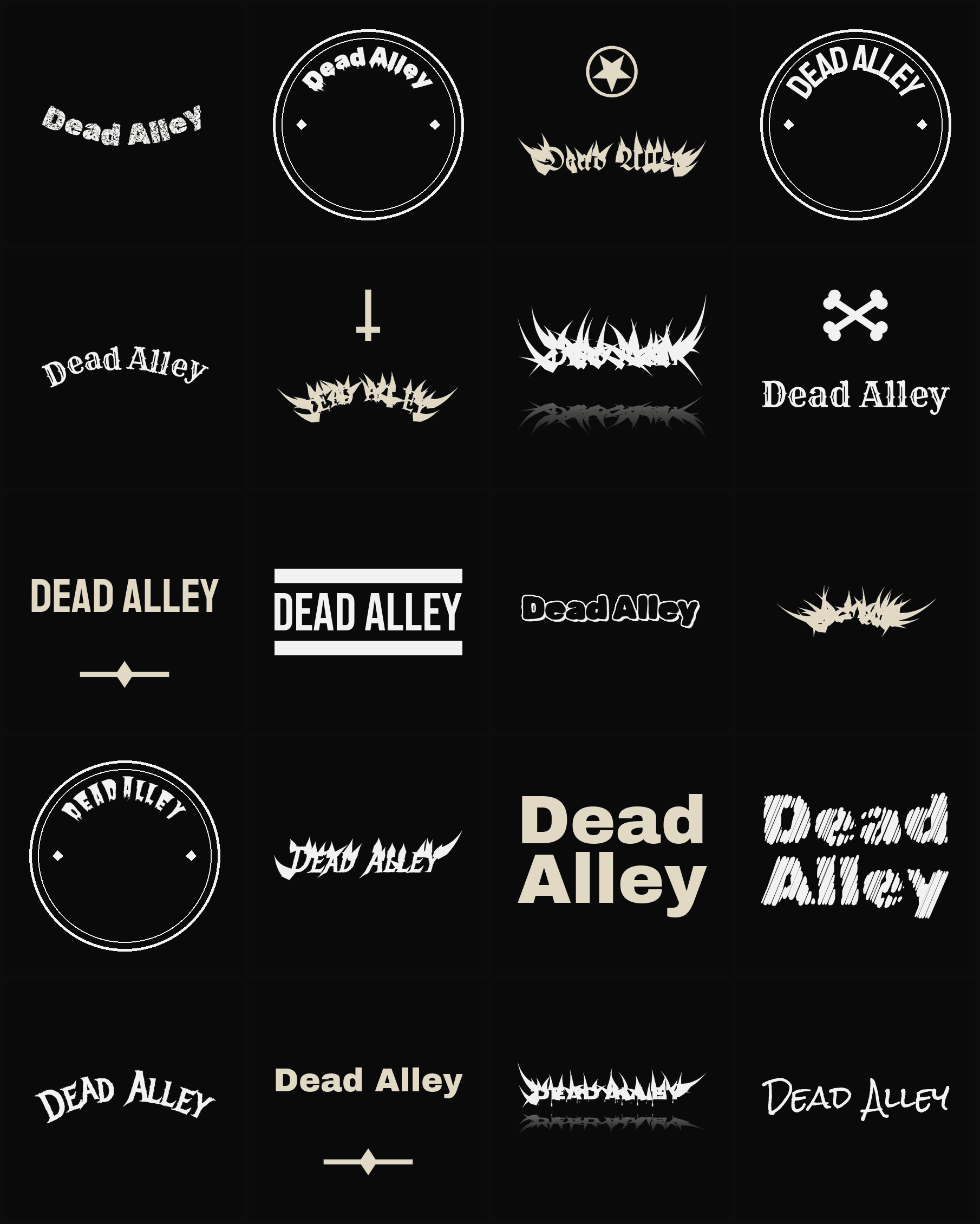 Twenty Dead Alley band logo ideas — different faces, treatments and spike settings