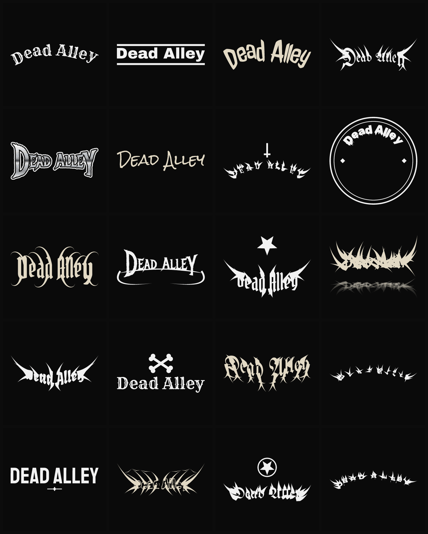Twenty Dead Alley band logo ideas — different faces, treatments and spike settings