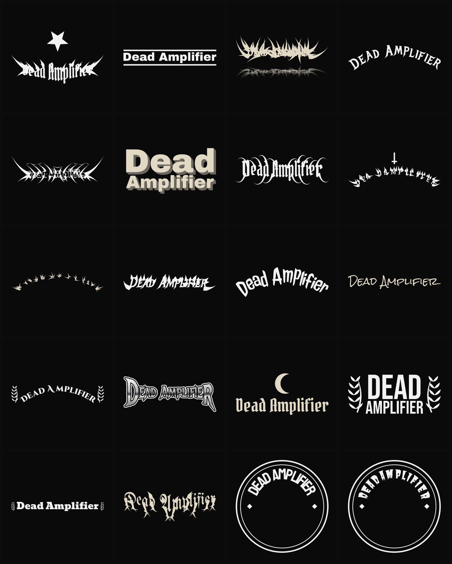 Twenty Dead Amplifier band logo ideas — different faces, treatments and spike settings