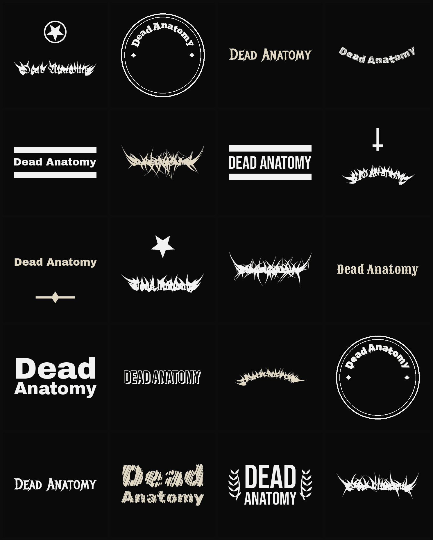 Twenty Dead Anatomy band logo ideas — different faces, treatments and spike settings
