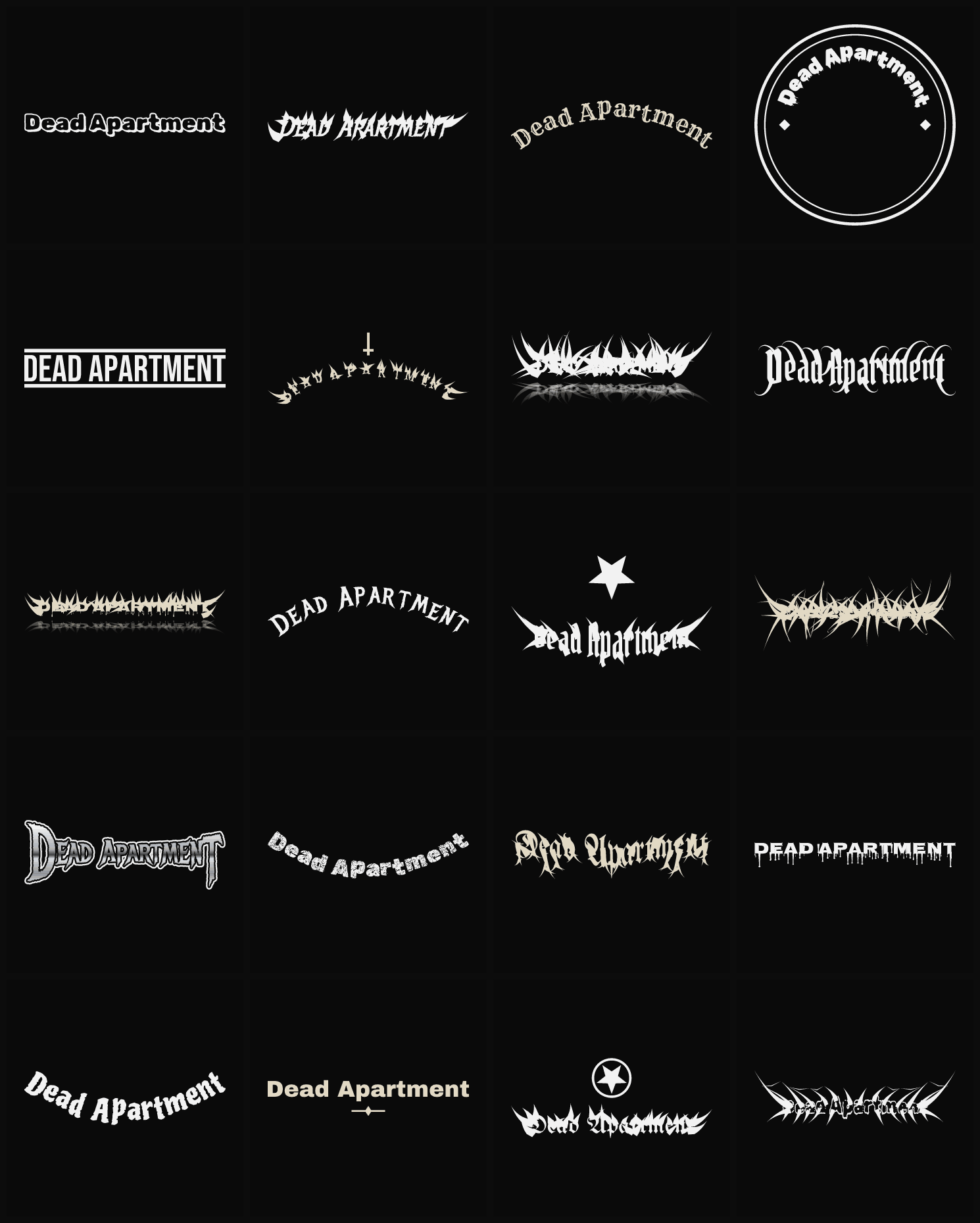 Twenty Dead Apartment band logo ideas — different faces, treatments and spike settings