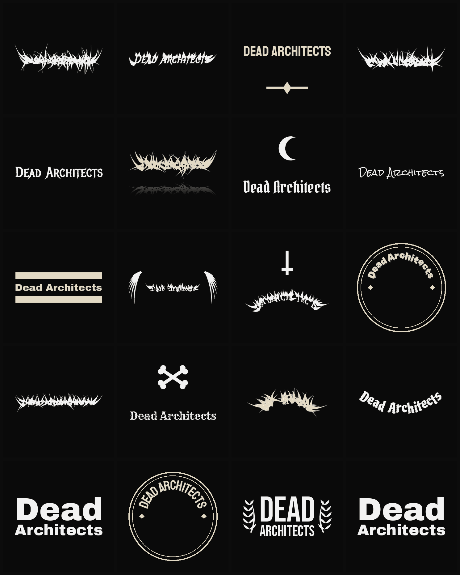 Twenty Dead Architects band logo ideas — different faces, treatments and spike settings