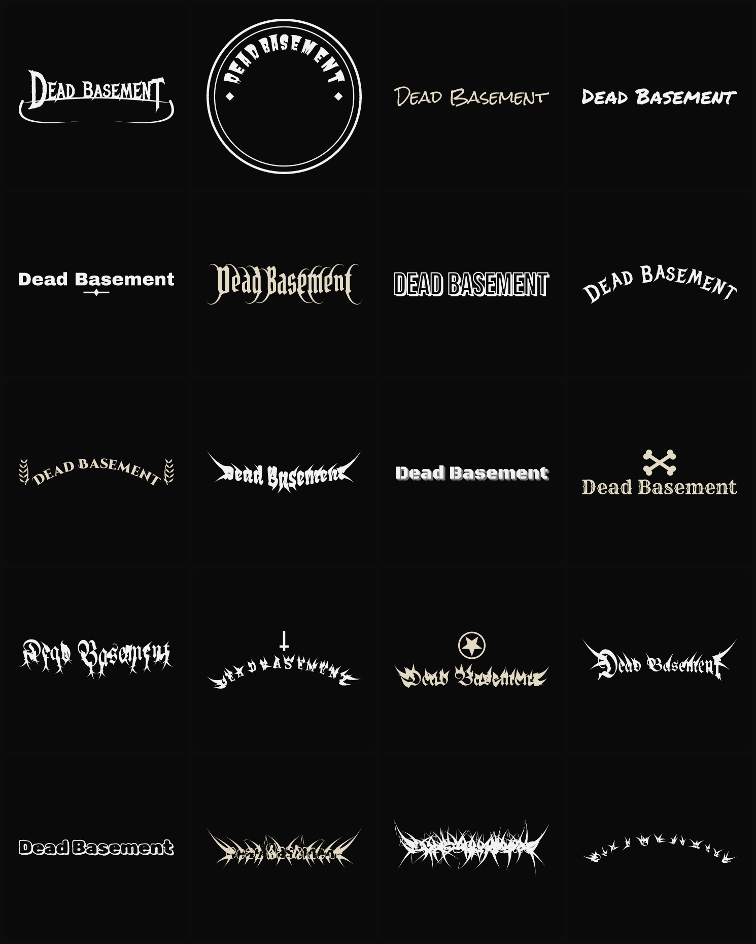 Twenty Dead Basement band logo ideas — different faces, treatments and spike settings