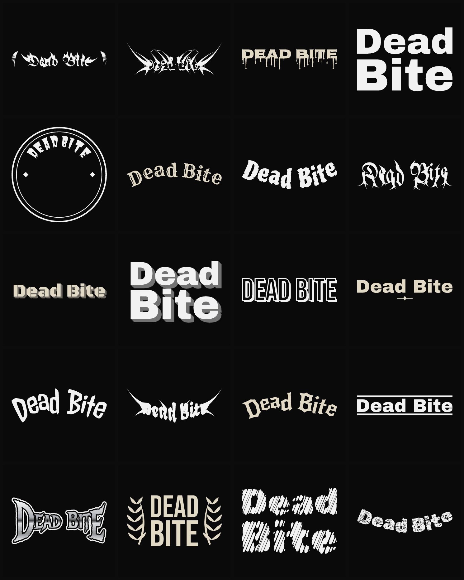 Twenty Dead Bite band logo ideas — different faces, treatments and spike settings