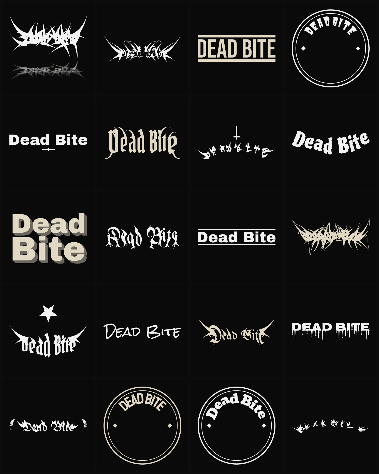 Twenty Dead Bite band logo ideas — different faces, treatments and spike settings