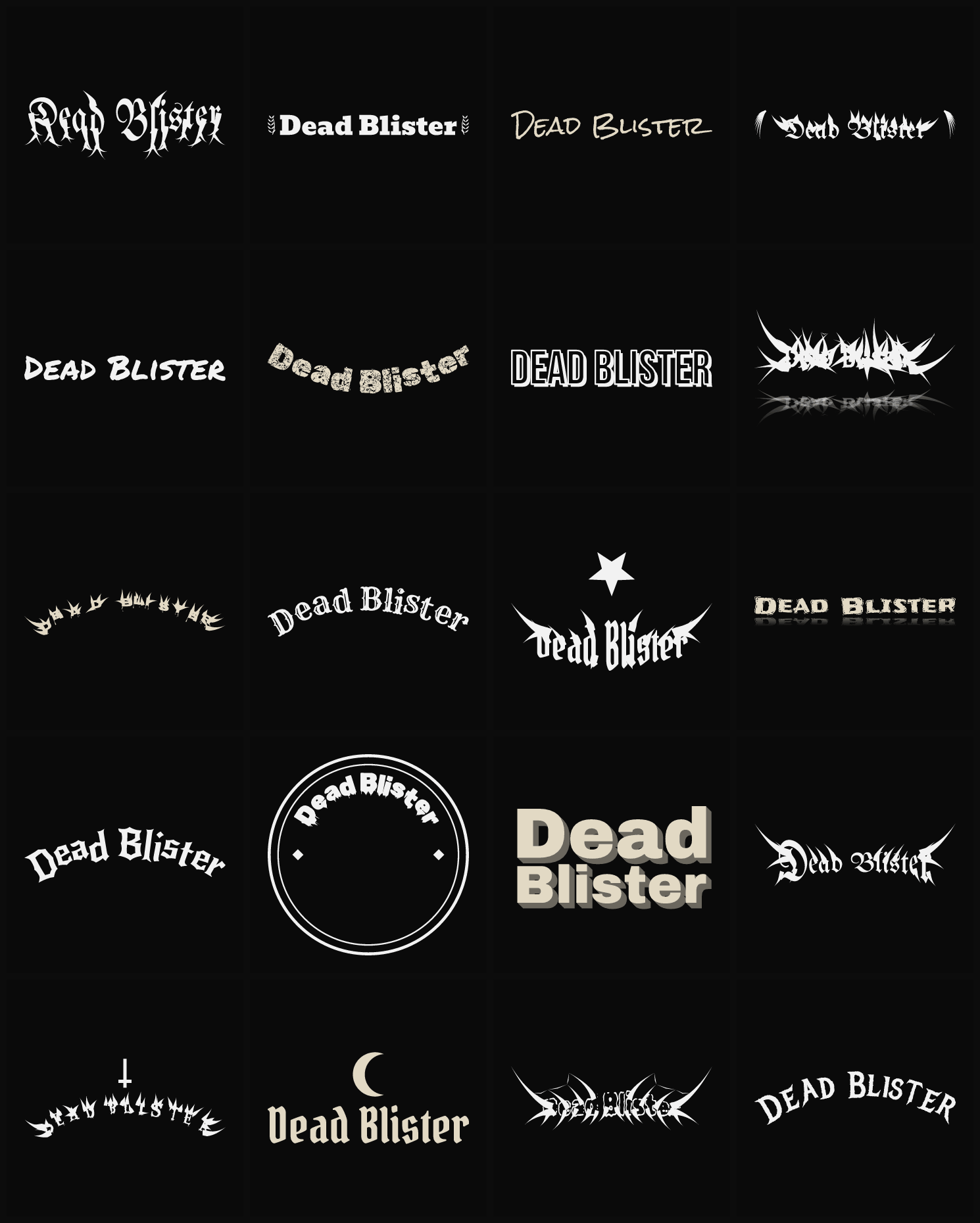 Twenty Dead Blister band logo ideas — different faces, treatments and spike settings