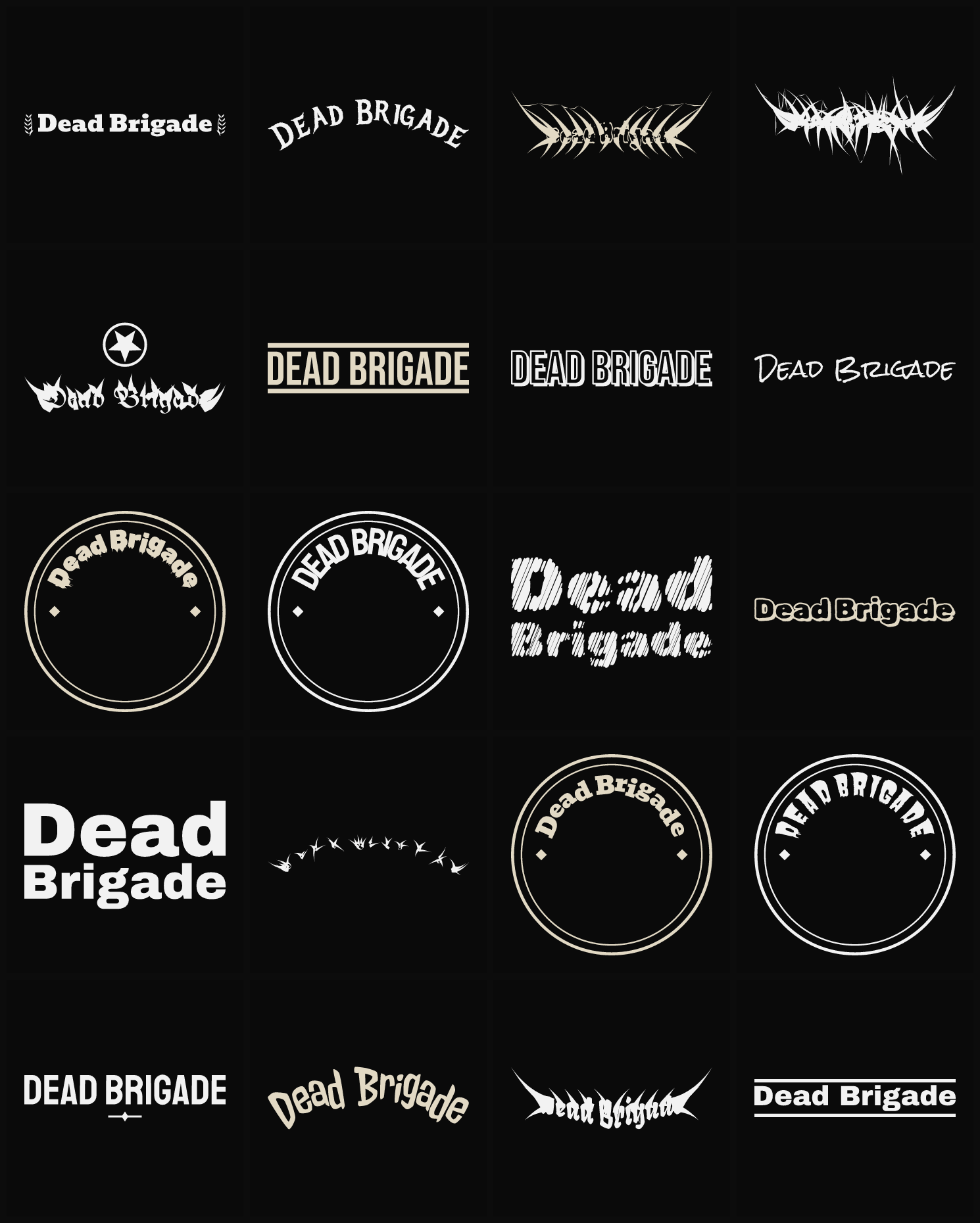 Twenty Dead Brigade band logo ideas — different faces, treatments and spike settings