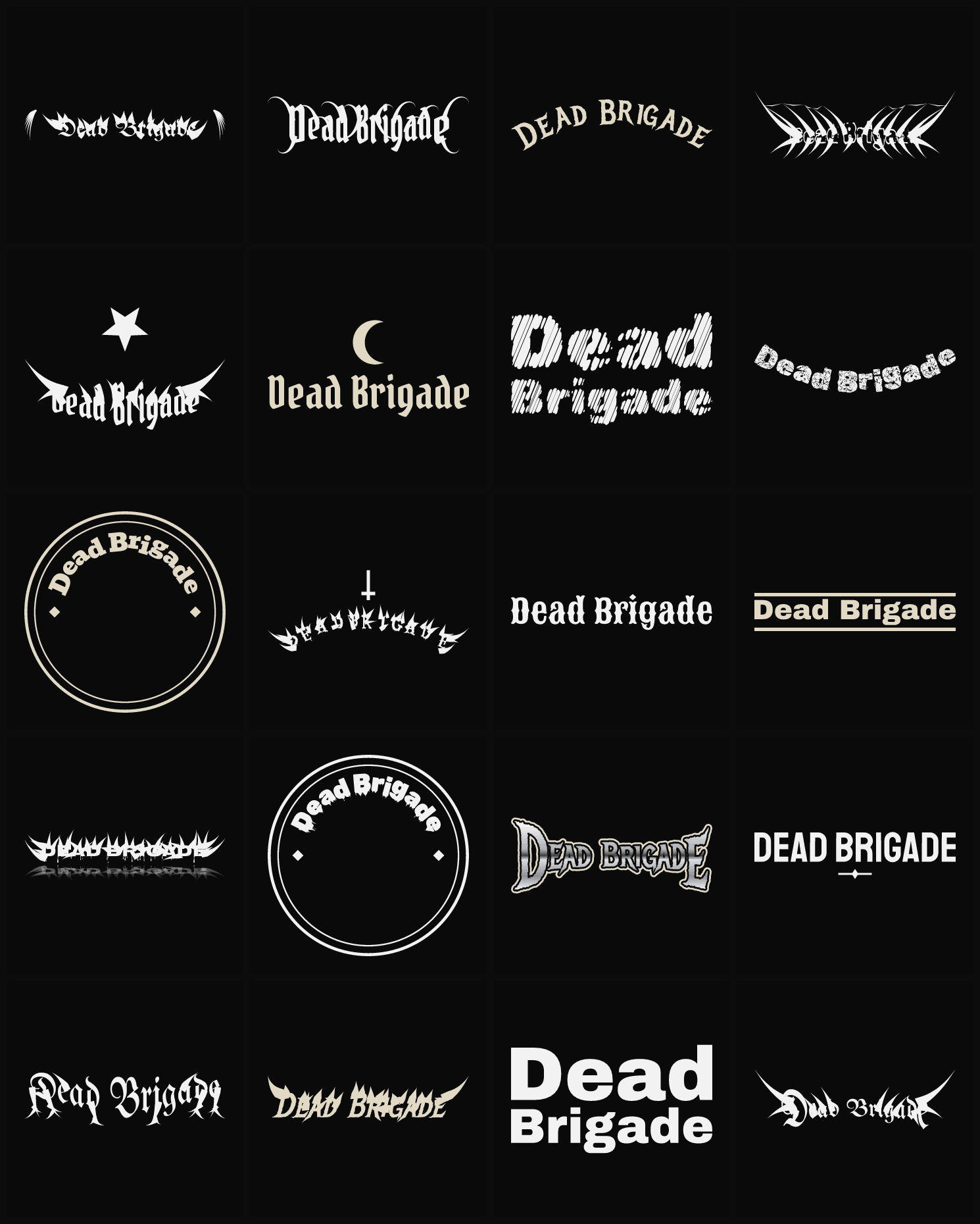 Twenty Dead Brigade band logo ideas — different faces, treatments and spike settings