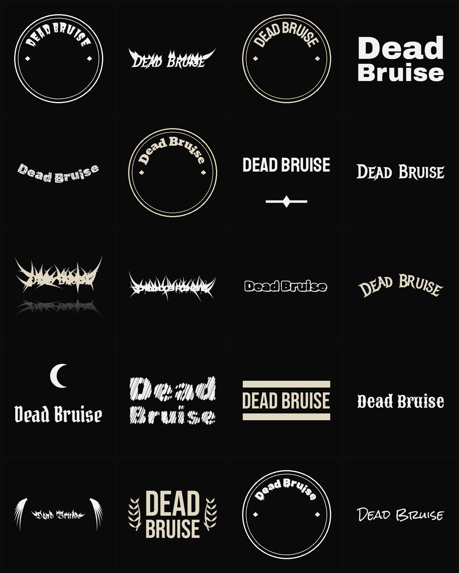 Twenty Dead Bruise band logo ideas — different faces, treatments and spike settings