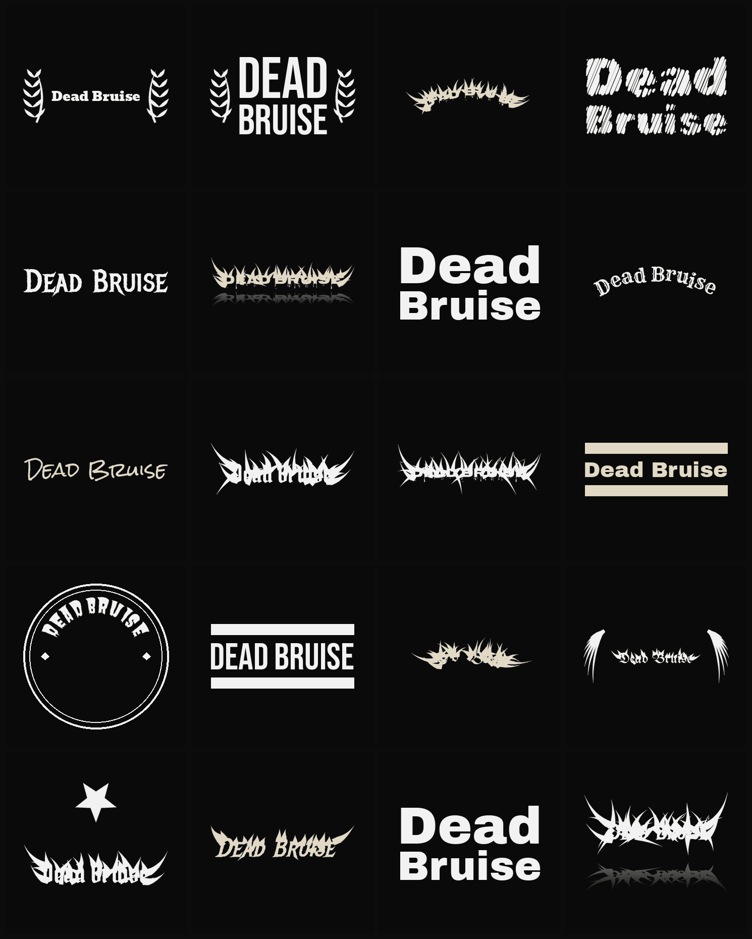 Twenty Dead Bruise band logo ideas — different faces, treatments and spike settings