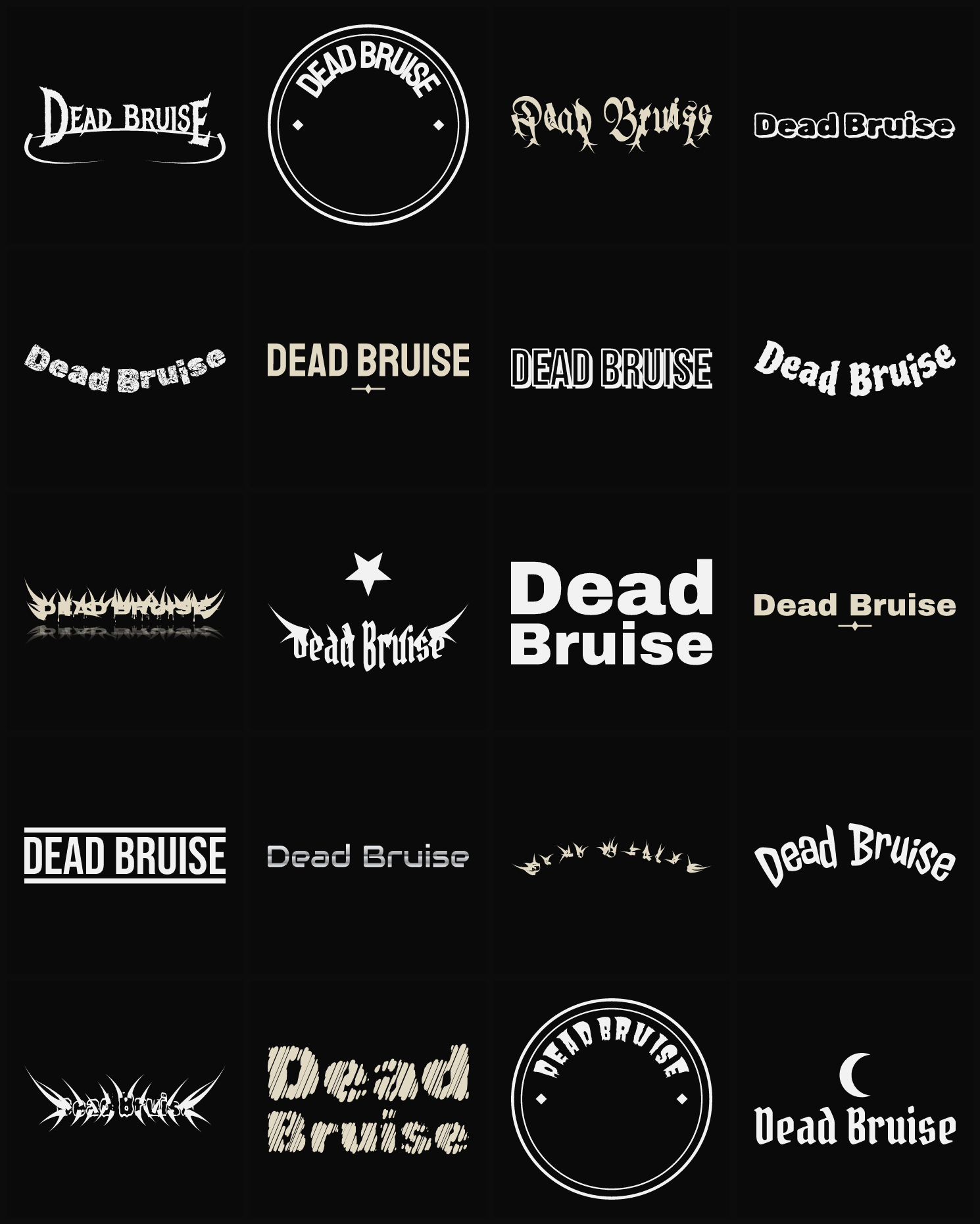 Twenty Dead Bruise band logo ideas — different faces, treatments and spike settings