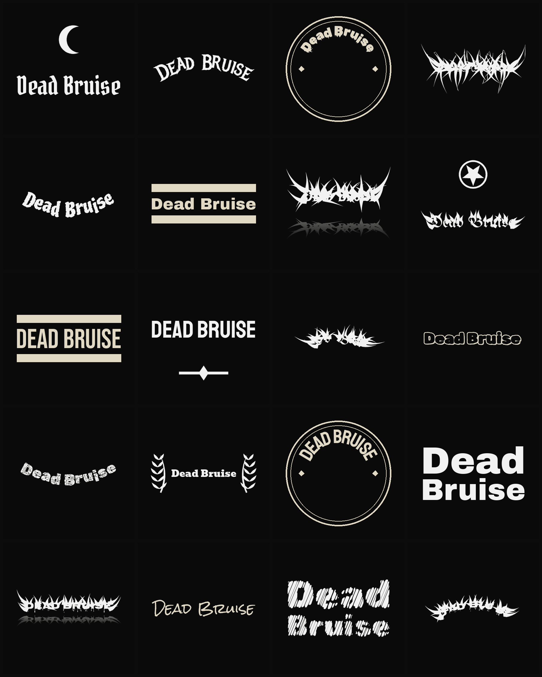Twenty Dead Bruise band logo ideas — different faces, treatments and spike settings