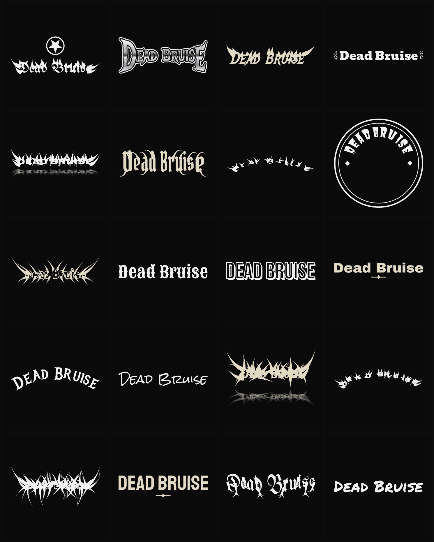Twenty Dead Bruise band logo ideas — different faces, treatments and spike settings