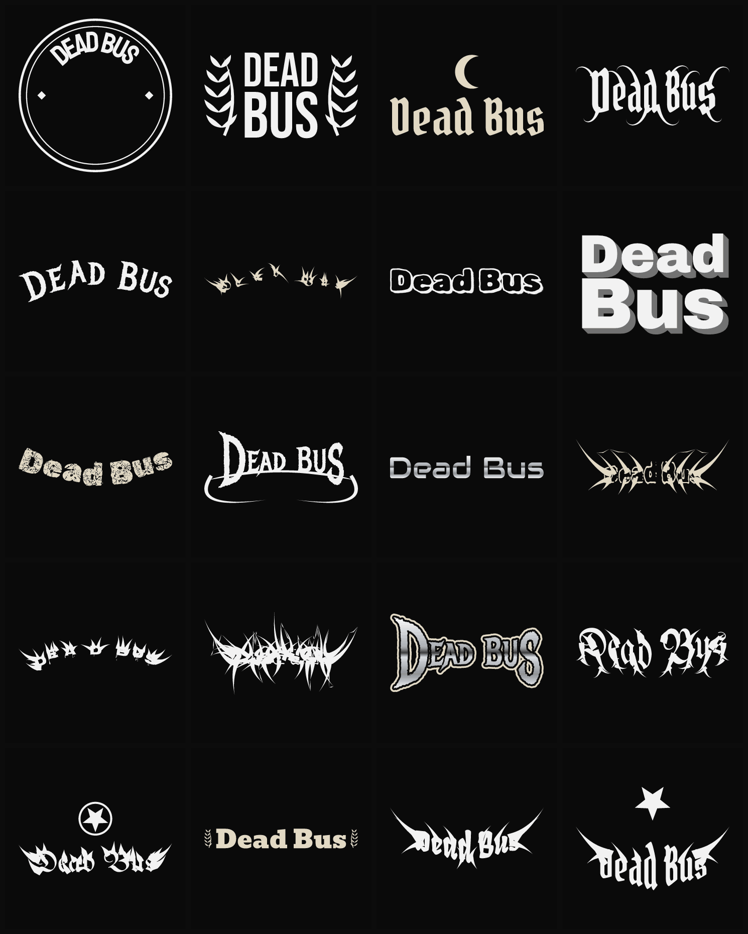 Twenty Dead Bus band logo ideas — different faces, treatments and spike settings