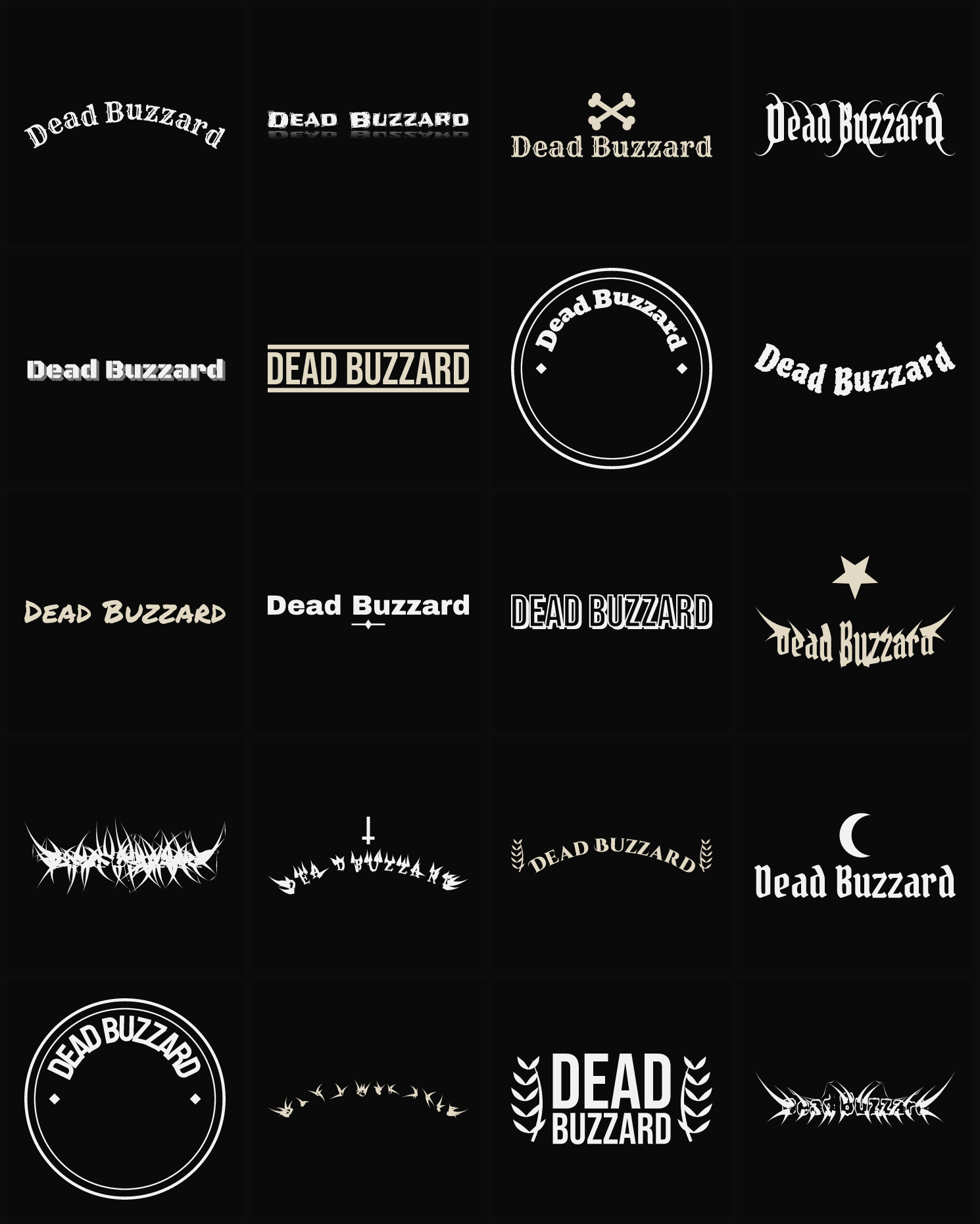 Twenty Dead Buzzard band logo ideas — different faces, treatments and spike settings