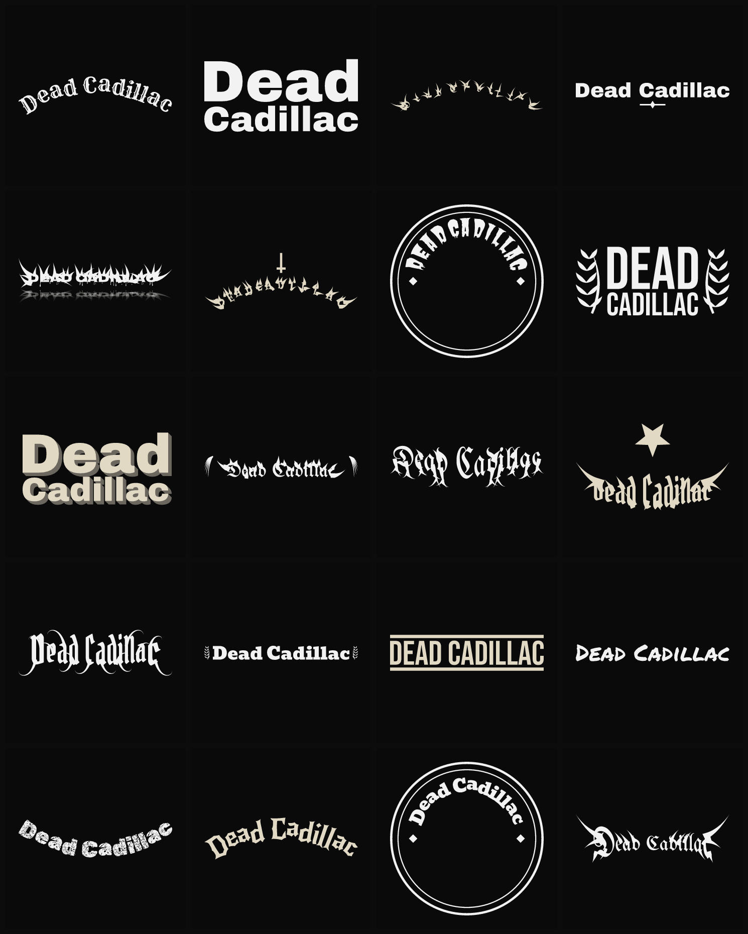Twenty Dead Cadillac band logo ideas — different faces, treatments and spike settings