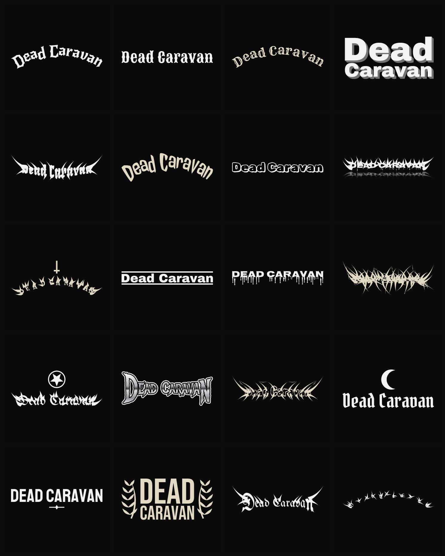 Twenty Dead Caravan band logo ideas — different faces, treatments and spike settings