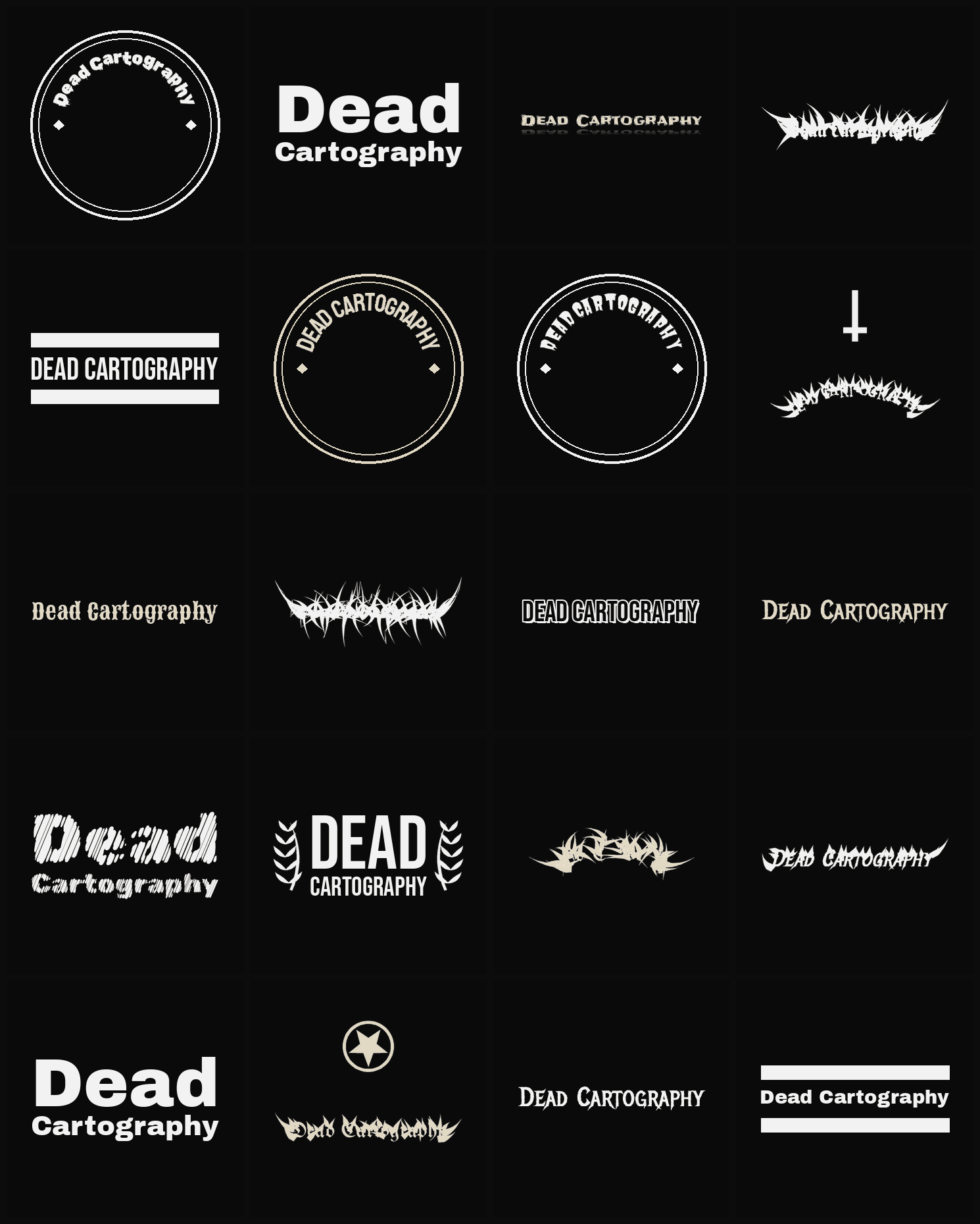 Twenty Dead Cartography band logo ideas — different faces, treatments and spike settings