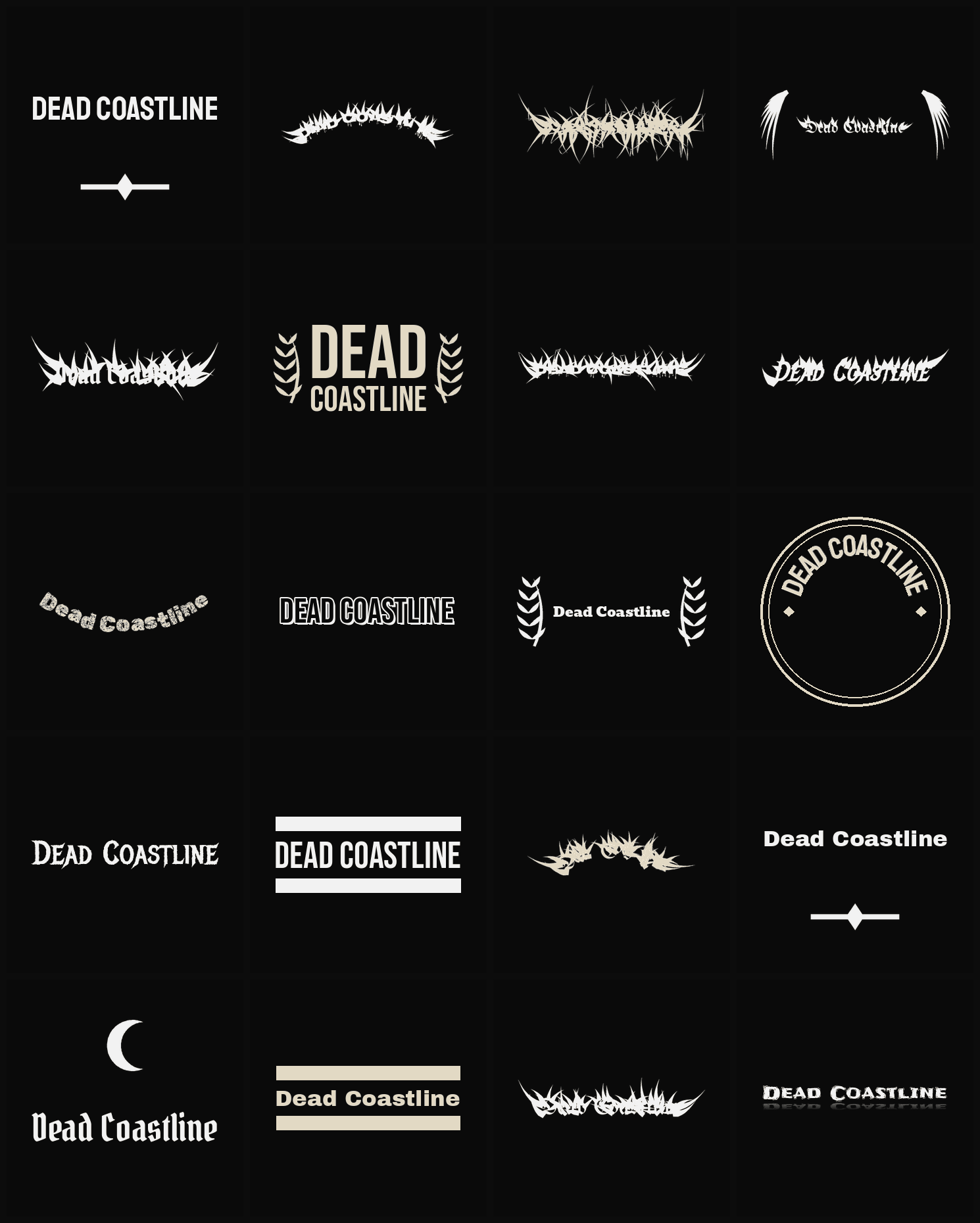 Twenty Dead Coastline band logo ideas — different faces, treatments and spike settings