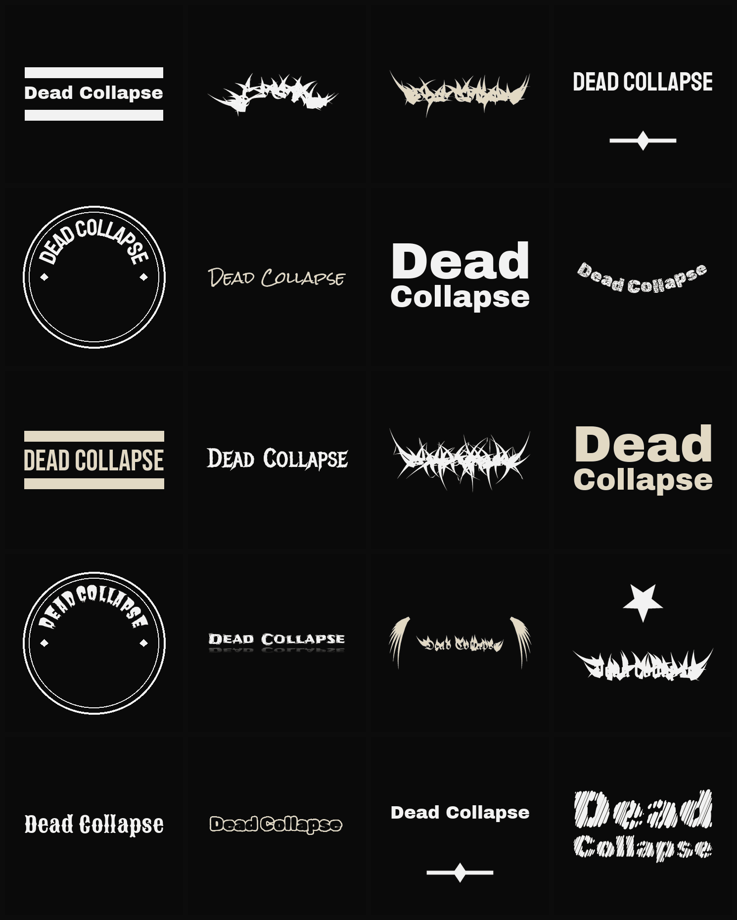 Twenty Dead Collapse band logo ideas — different faces, treatments and spike settings