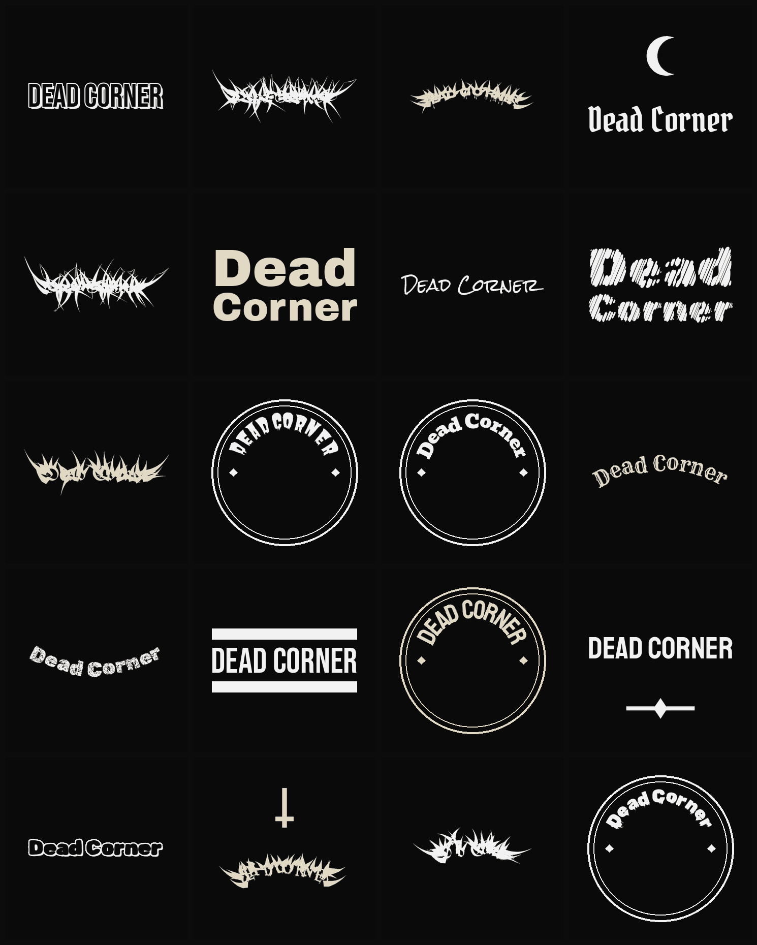 Twenty Dead Corner band logo ideas — different faces, treatments and spike settings
