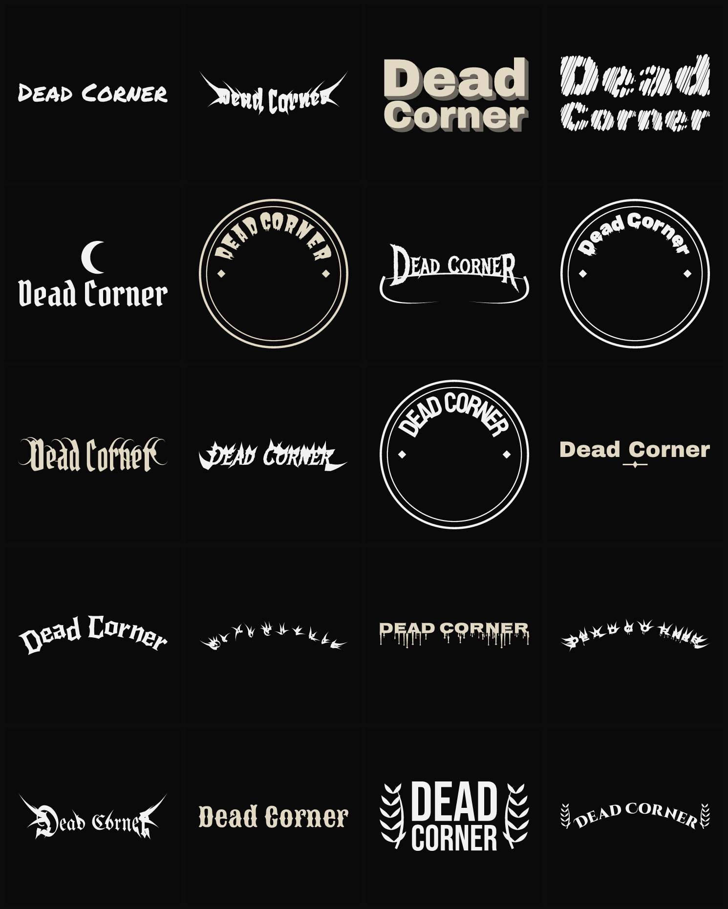 Twenty Dead Corner band logo ideas — different faces, treatments and spike settings