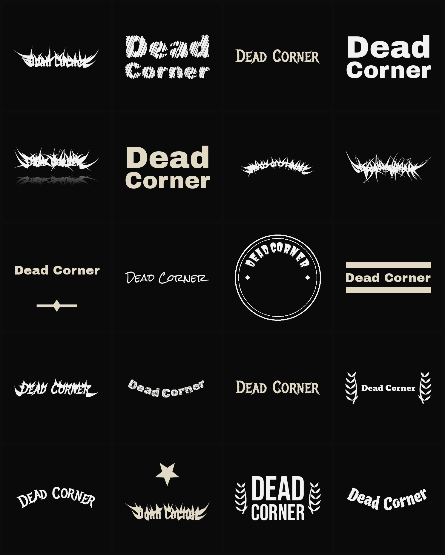 Twenty Dead Corner band logo ideas — different faces, treatments and spike settings