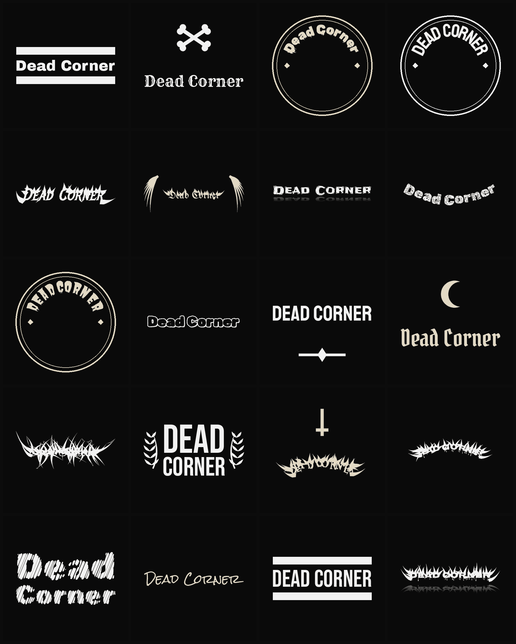 Twenty Dead Corner band logo ideas — different faces, treatments and spike settings