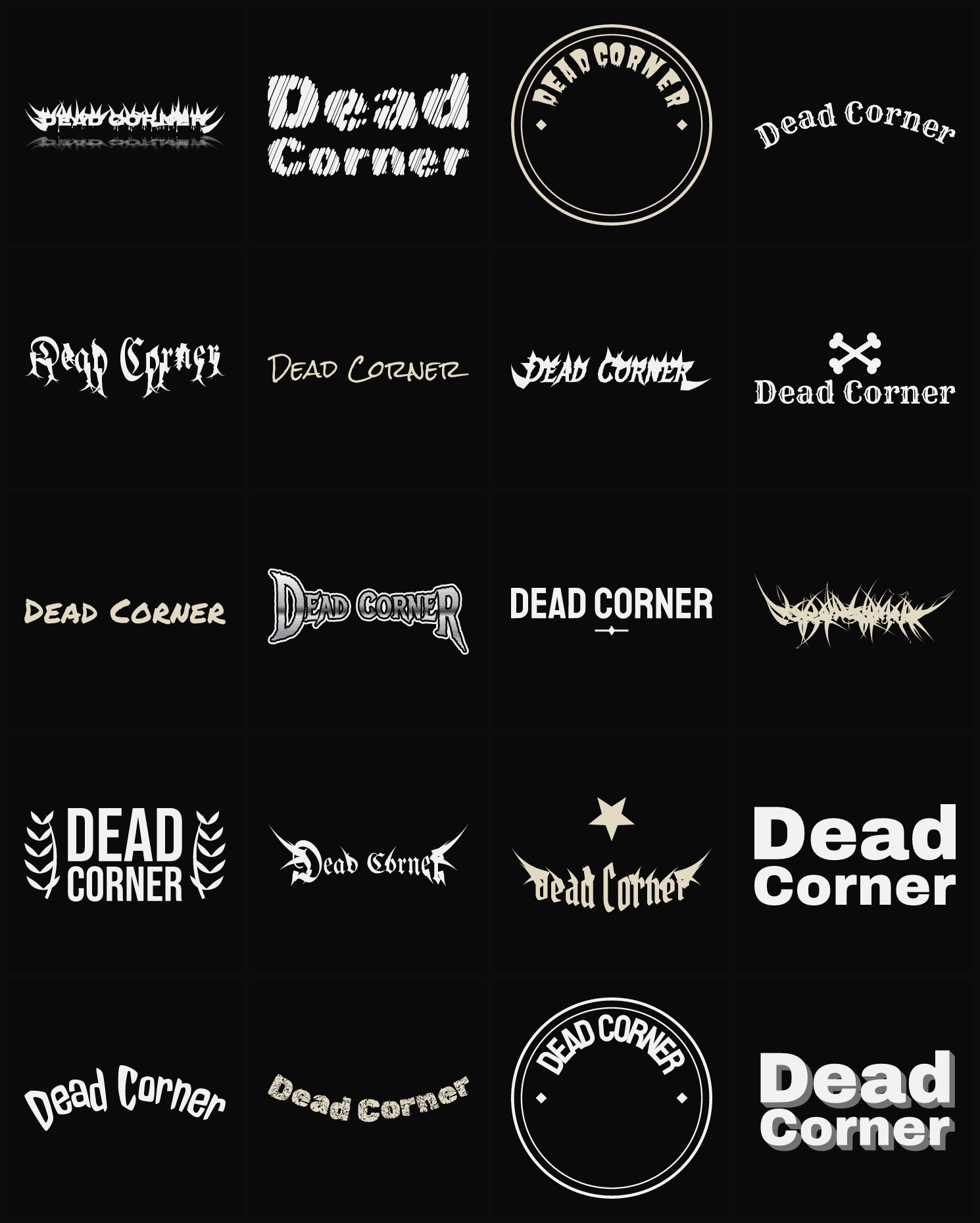 Twenty Dead Corner band logo ideas — different faces, treatments and spike settings
